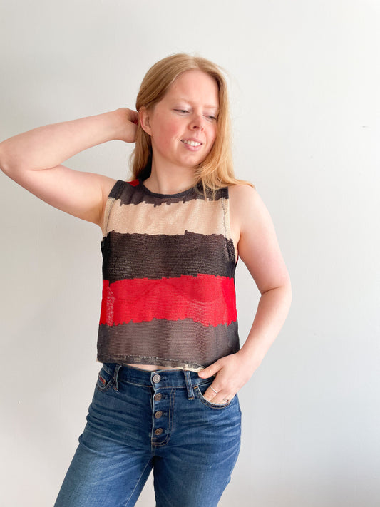 Red Grey Stripe Mesh Crop Top - S/M