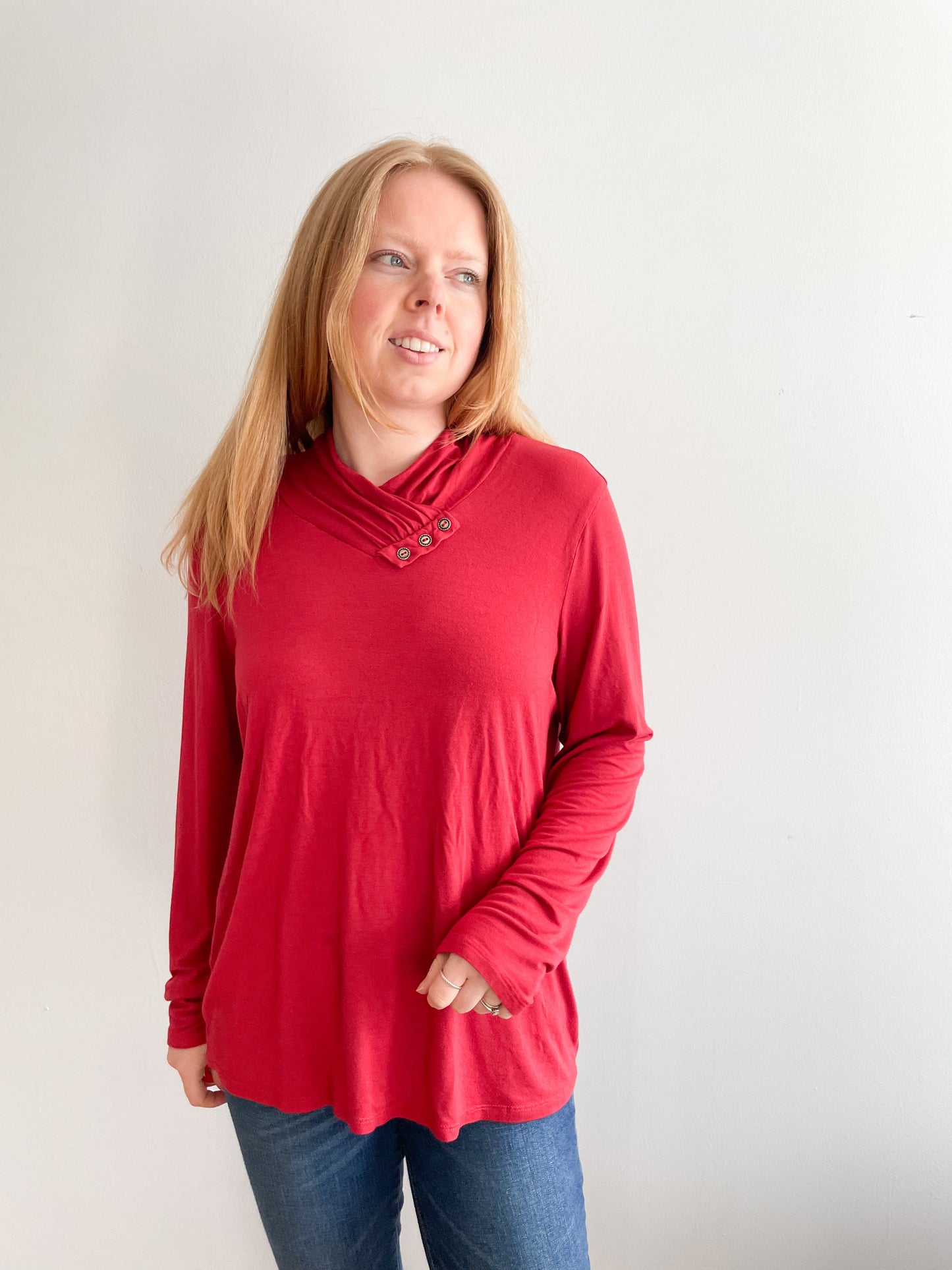 Zoe Red Jersey Wrap Neckline Long Sleeve Top - Large