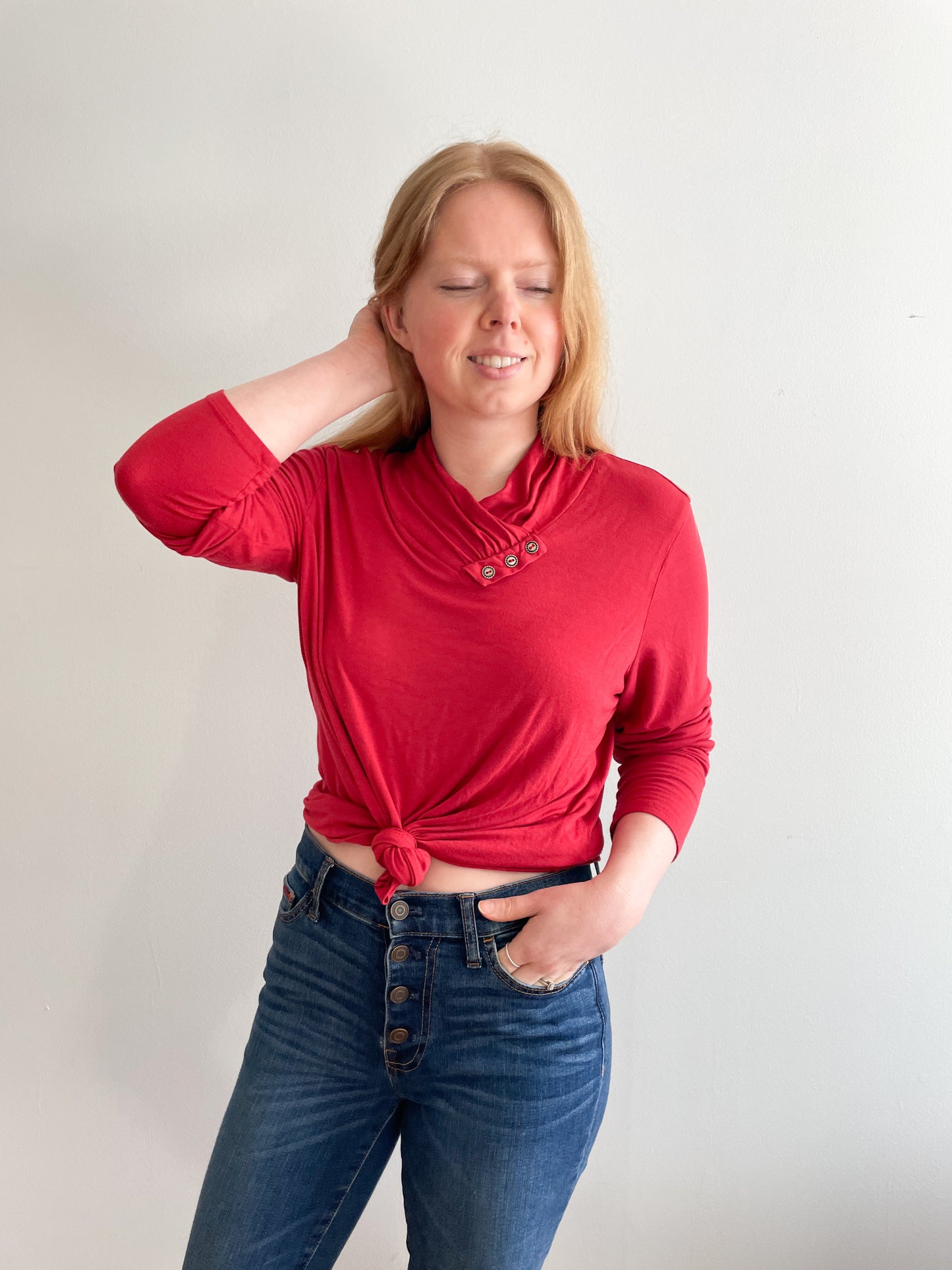 Zoe Red Jersey Wrap Neckline Long Sleeve Top - Large