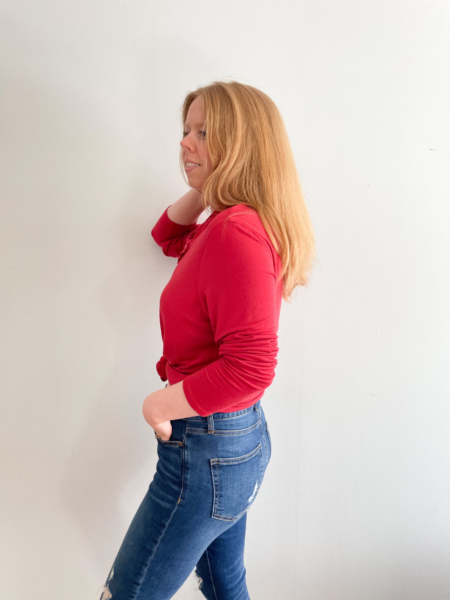 Zoe Red Jersey Wrap Neckline Long Sleeve Top - Large