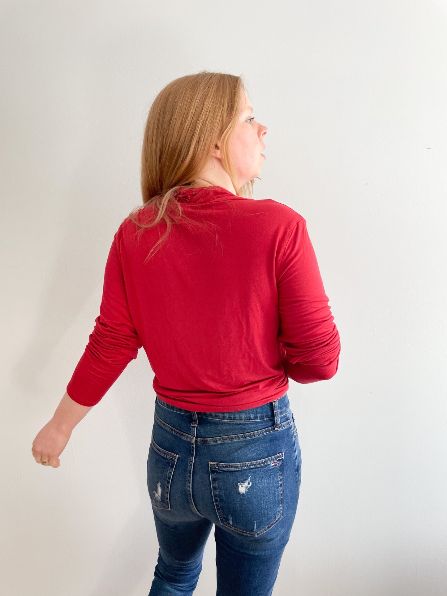 Zoe Red Jersey Wrap Neckline Long Sleeve Top - Large