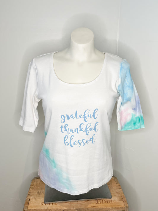 Grateful Thankful Blessed Watercolour Cotton 3/4 Sleeve Upcycled Cotton Top - Medium