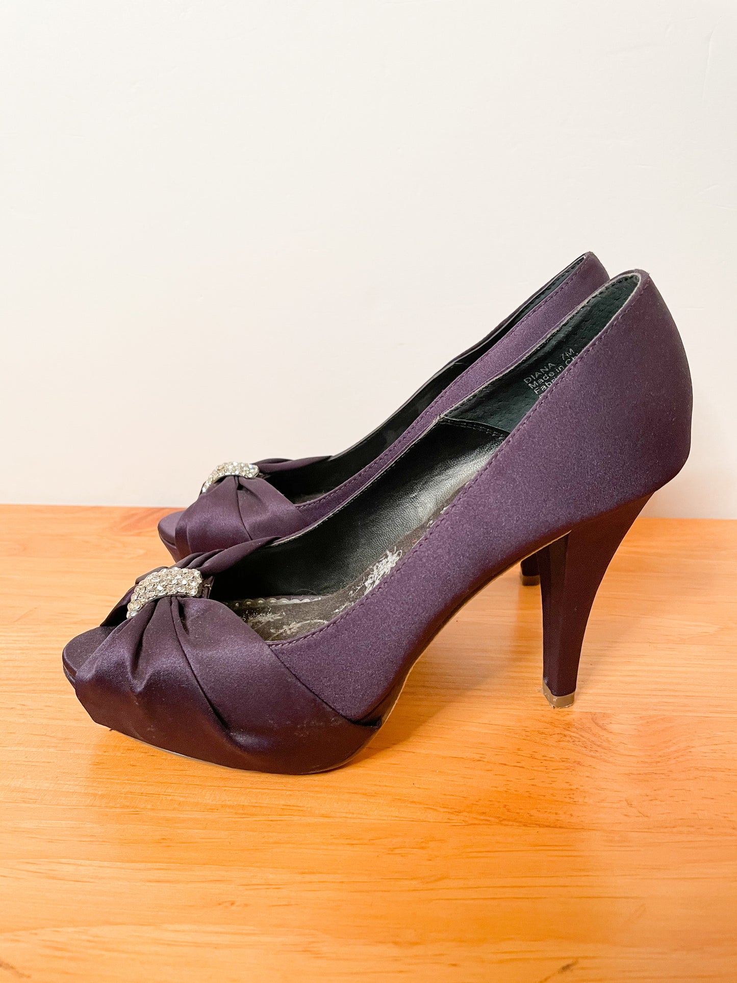 Michela Deep Purple Satin Bejeweled Peeptoe Heels - Size 7