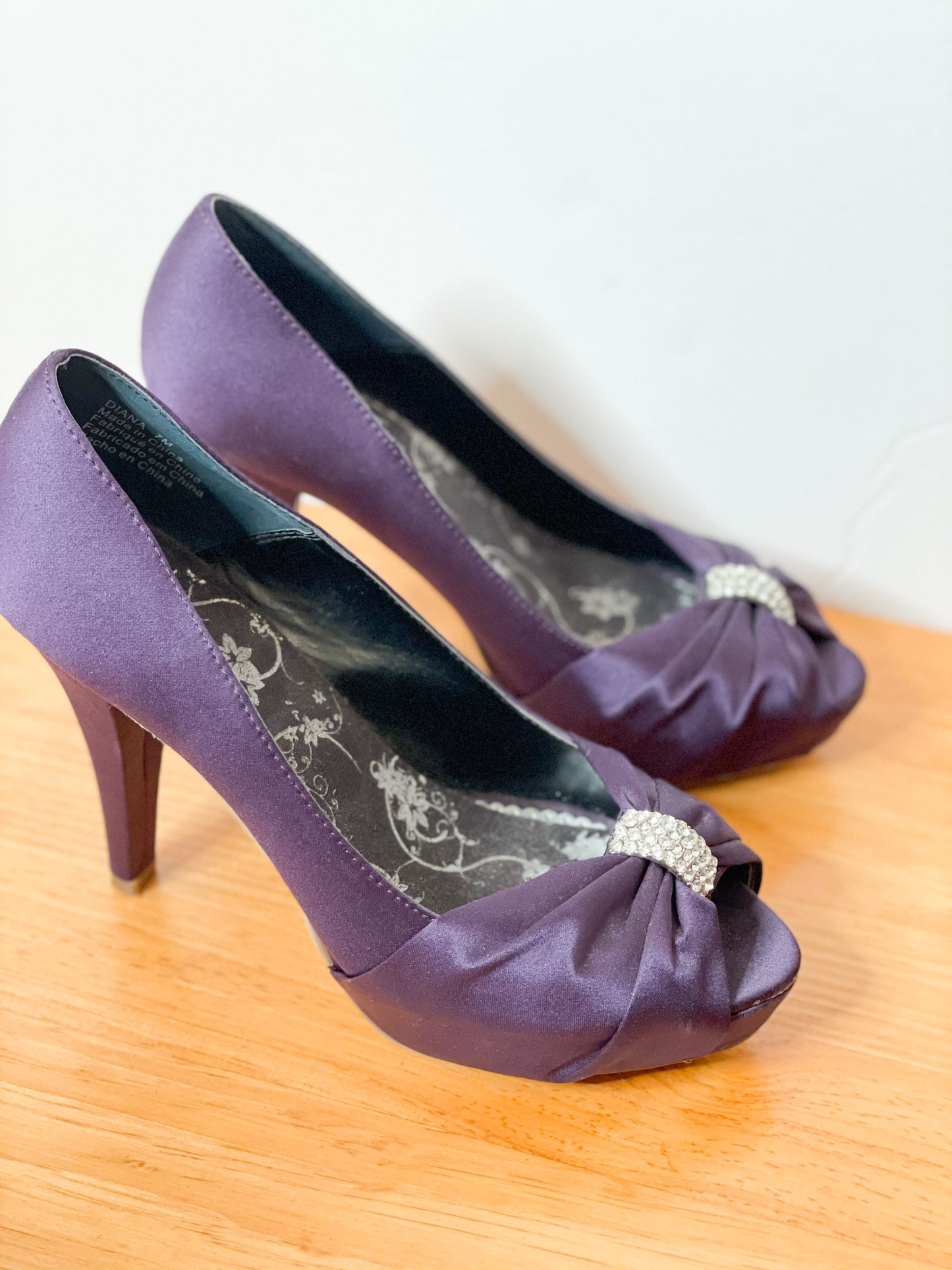 Michela Deep Purple Satin Bejeweled Peeptoe Heels - Size 7
