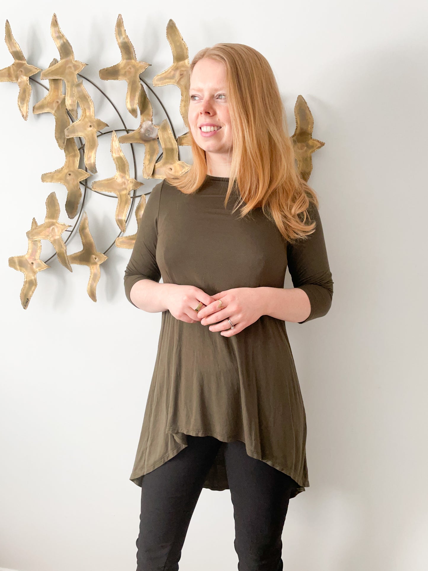 Olive Green Jersey Hi-Low 3/4 Sleeve Tunic Top - XS/S