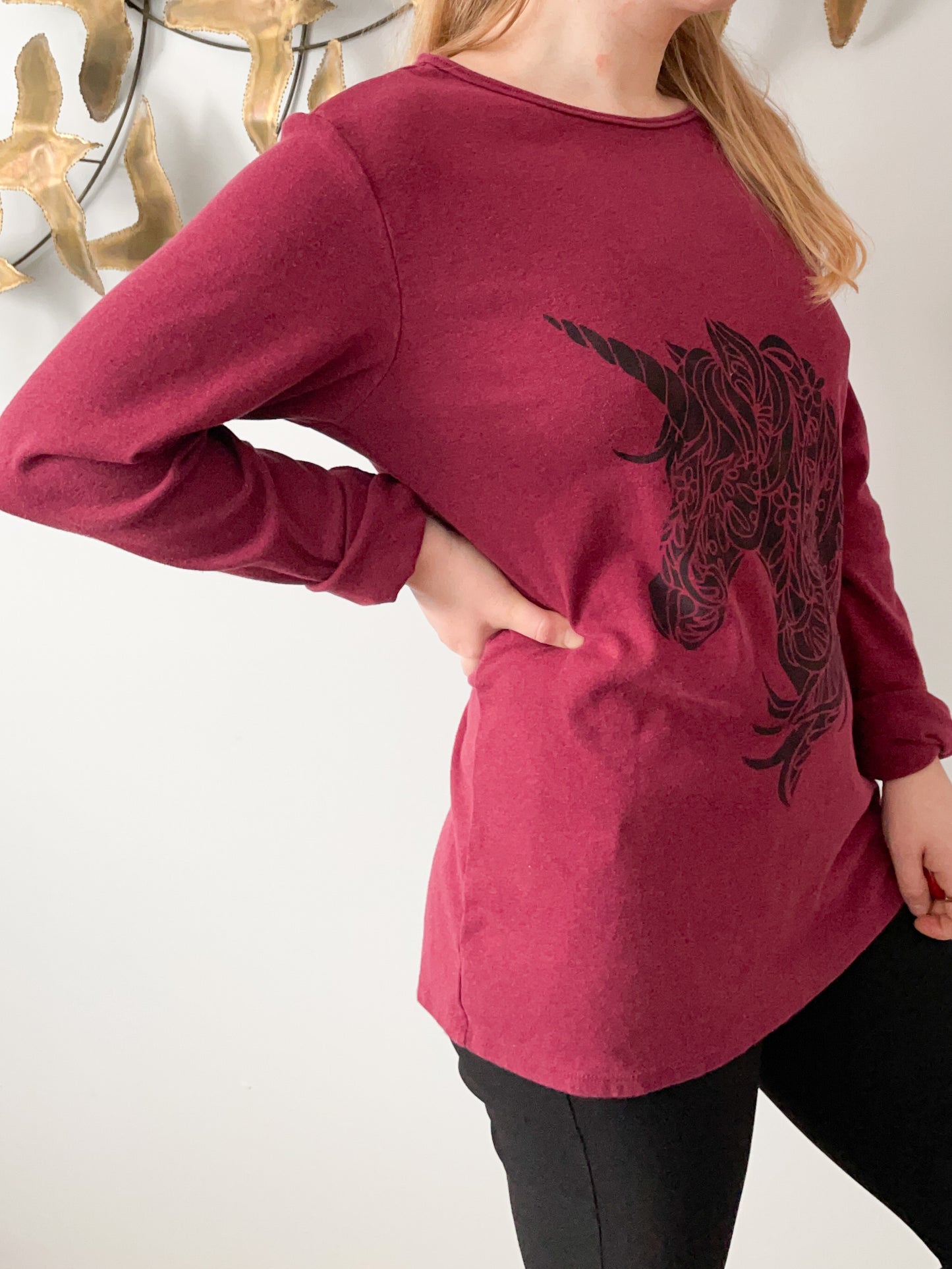 Ellen Tracey Unicorn Upcycled Wine Red Jersey Long Sleeve Top - XL/XXL