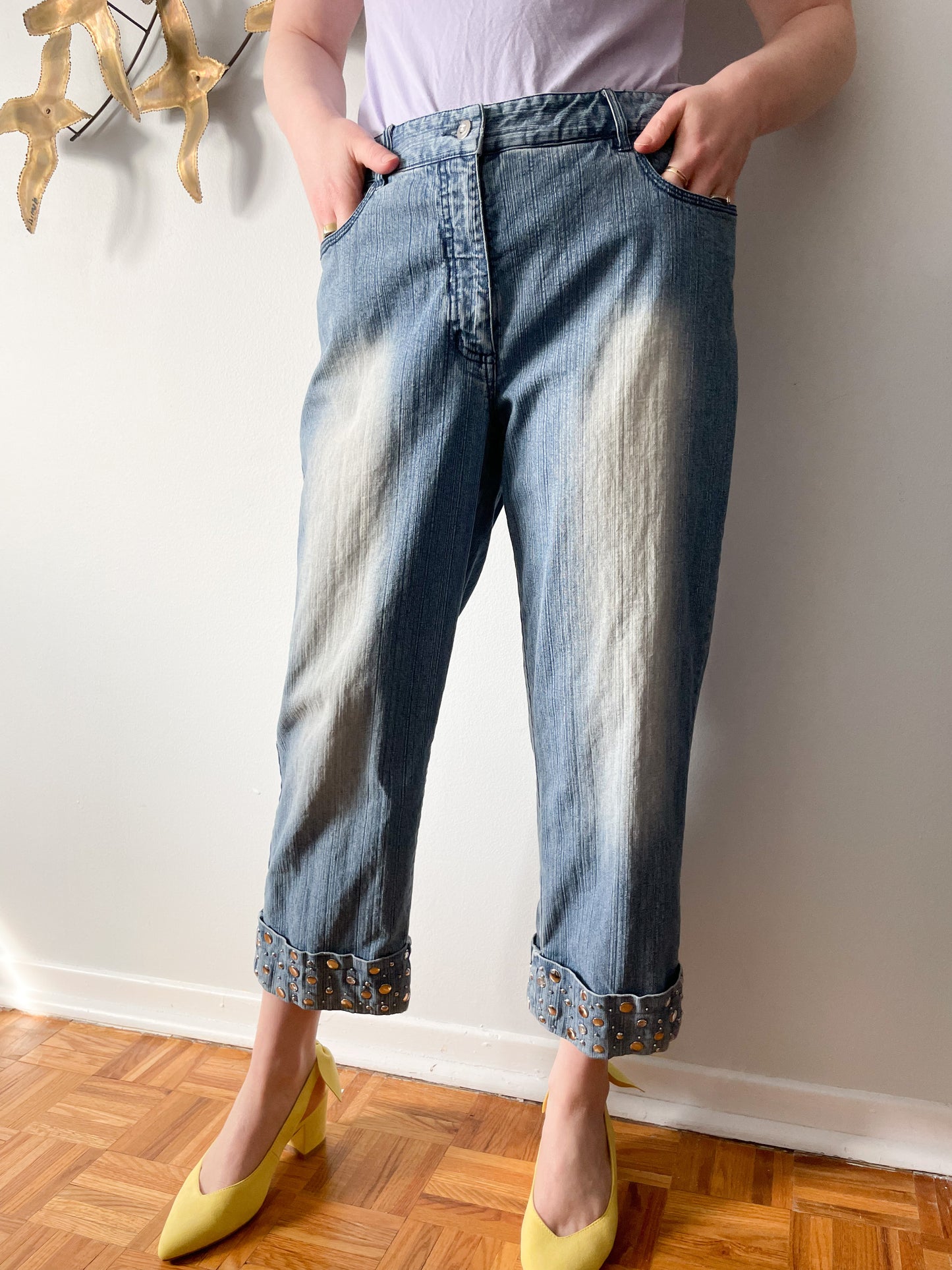 Spanner Light Wash Blue Studded Cuffed Straight Leg High Rise Jeans - Size 12