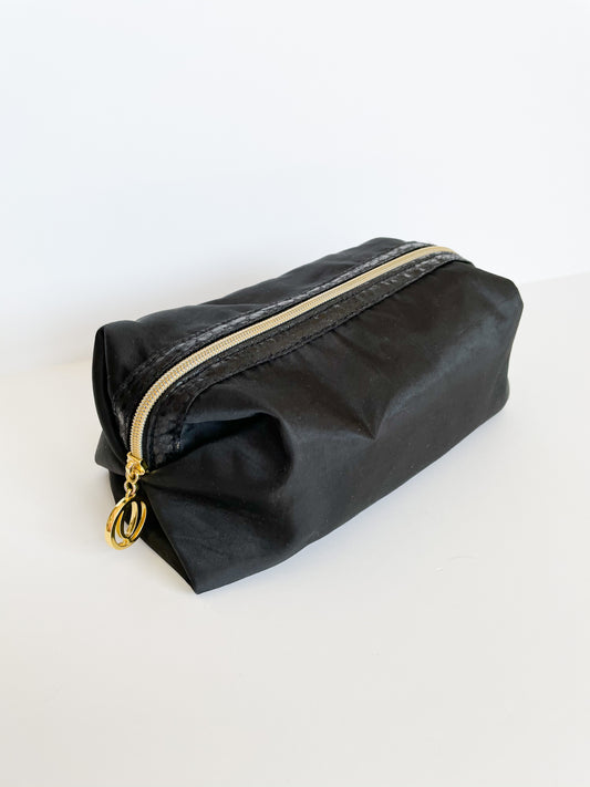 Black Satin Gold Zipper Toiletry Clutch Makeup Bag