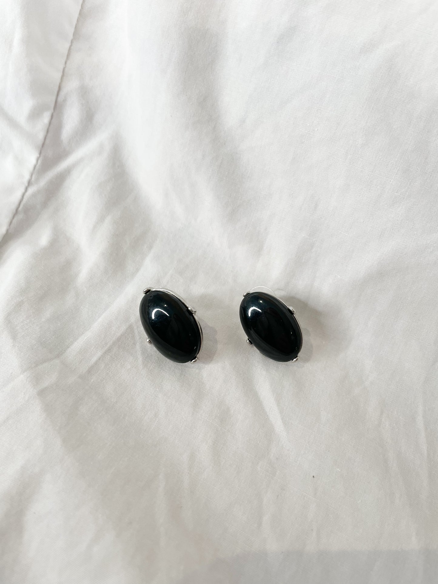 Black Silver Oval Oversized Stud Earrings