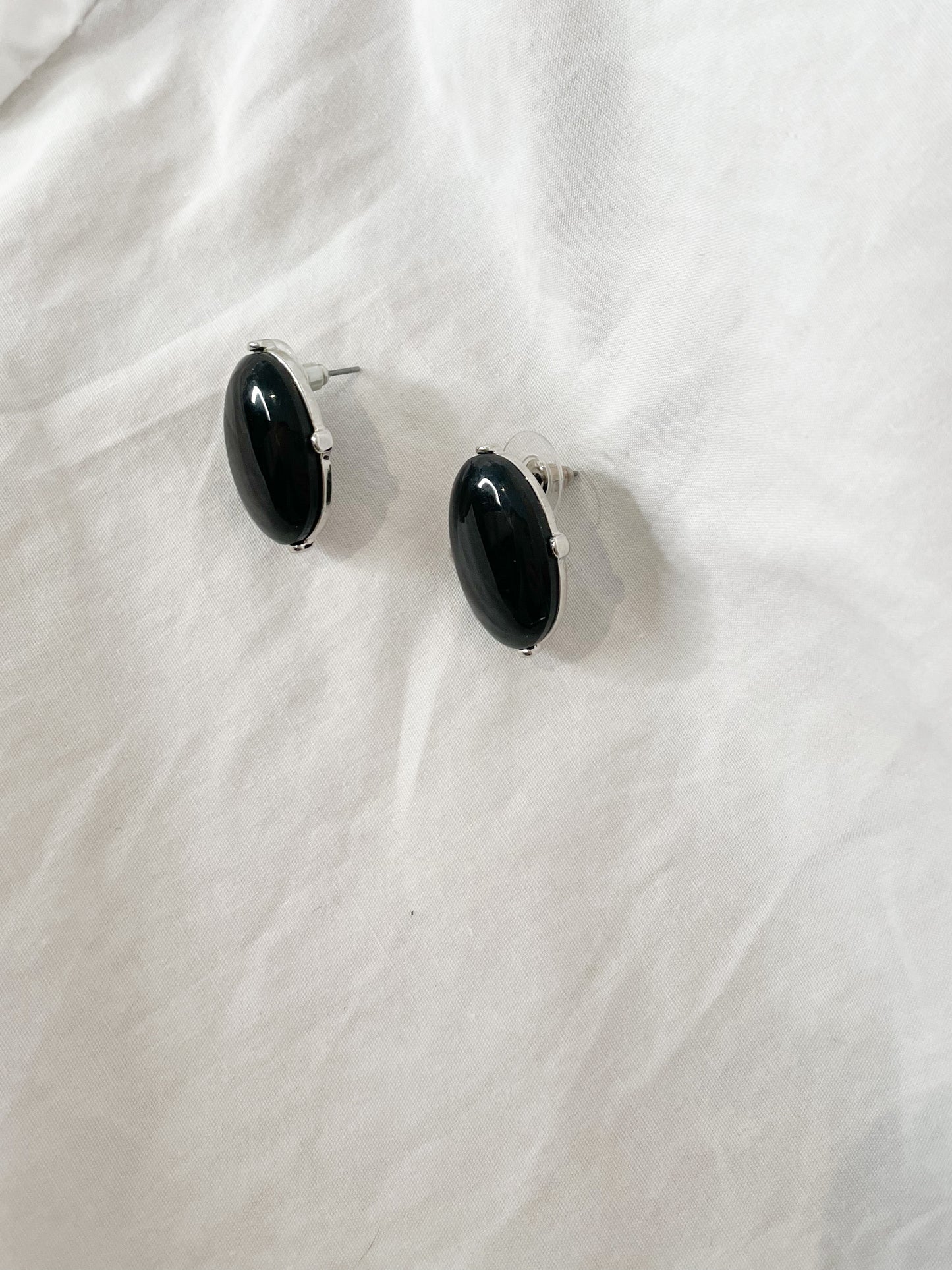 Black Silver Oval Oversized Stud Earrings