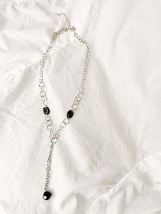 Silver Chain Black Bead Y Drop Necklace