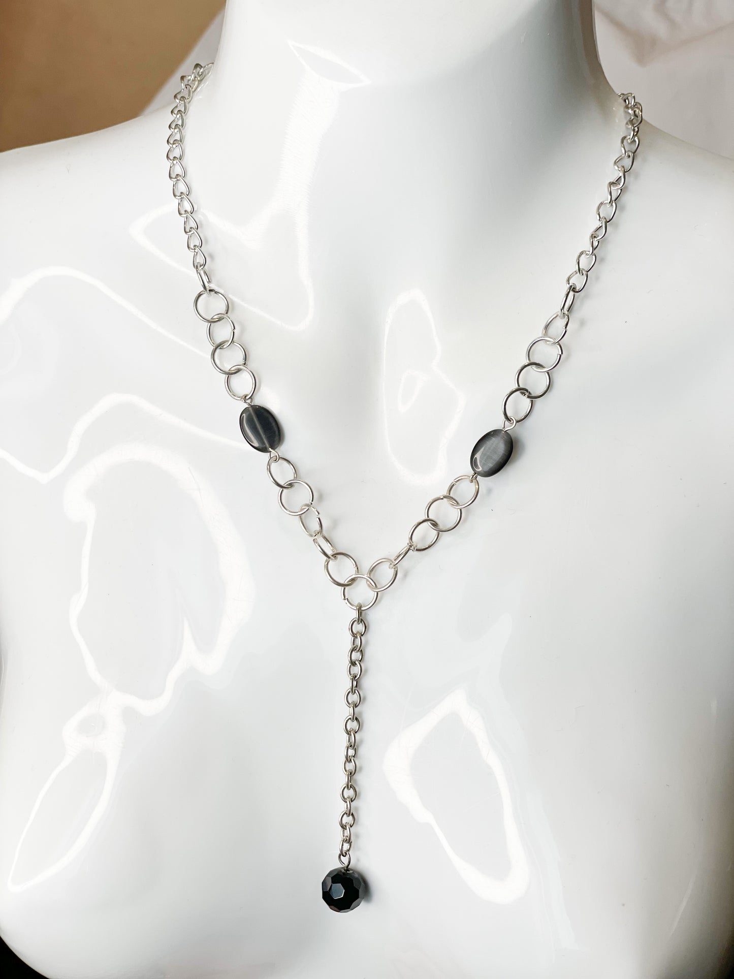 Silver Chain Black Bead Y Drop Necklace