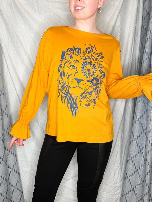 Ralph Lauren Upcycled Mustard Yellow Lion Cotton Modal Ruffle Sleeve Top - XL