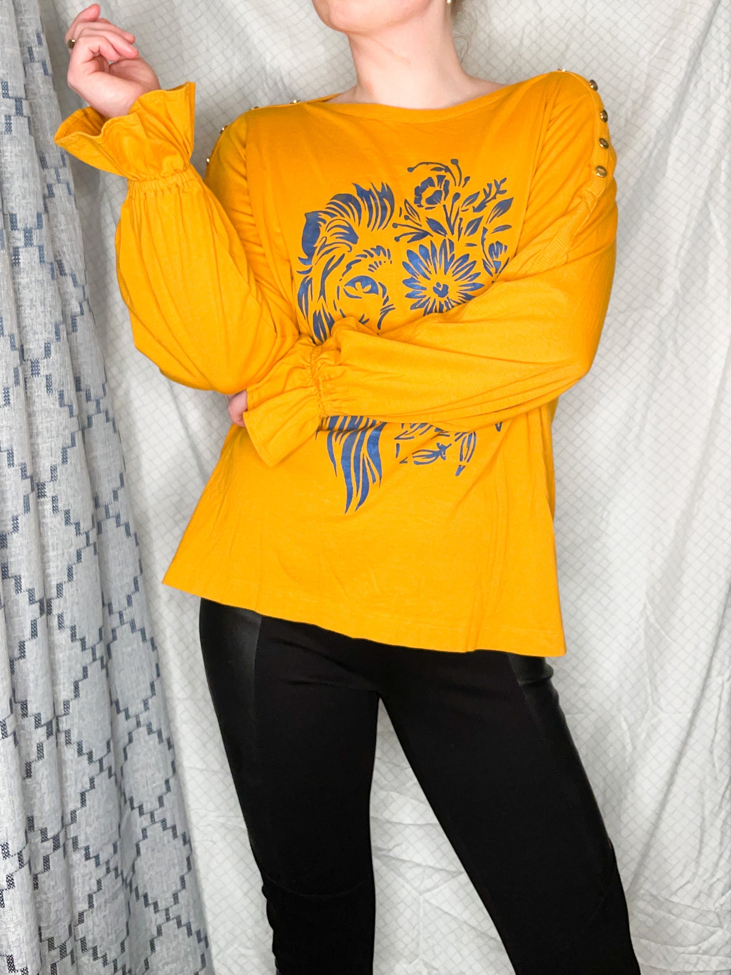 Ralph Lauren Upcycled Mustard Yellow Lion Cotton Modal Ruffle Sleeve Top - XL