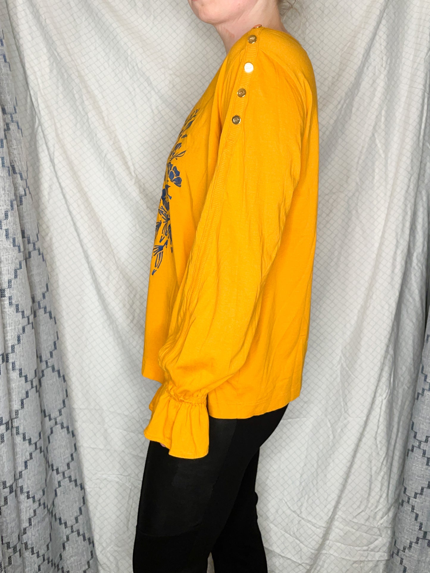 Ralph Lauren Upcycled Mustard Yellow Lion Cotton Modal Ruffle Sleeve Top - XL