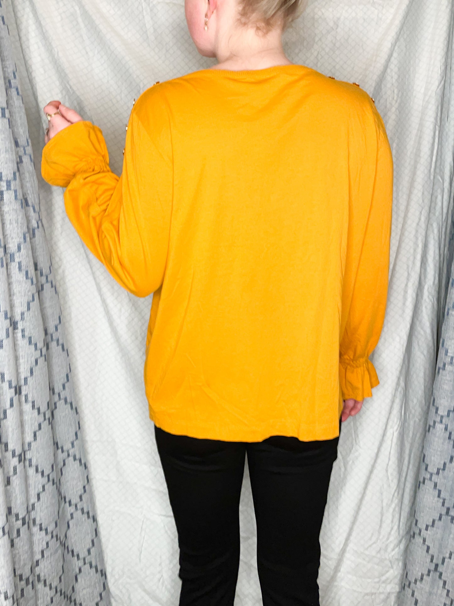 Ralph Lauren Upcycled Mustard Yellow Lion Cotton Modal Ruffle Sleeve Top - XL