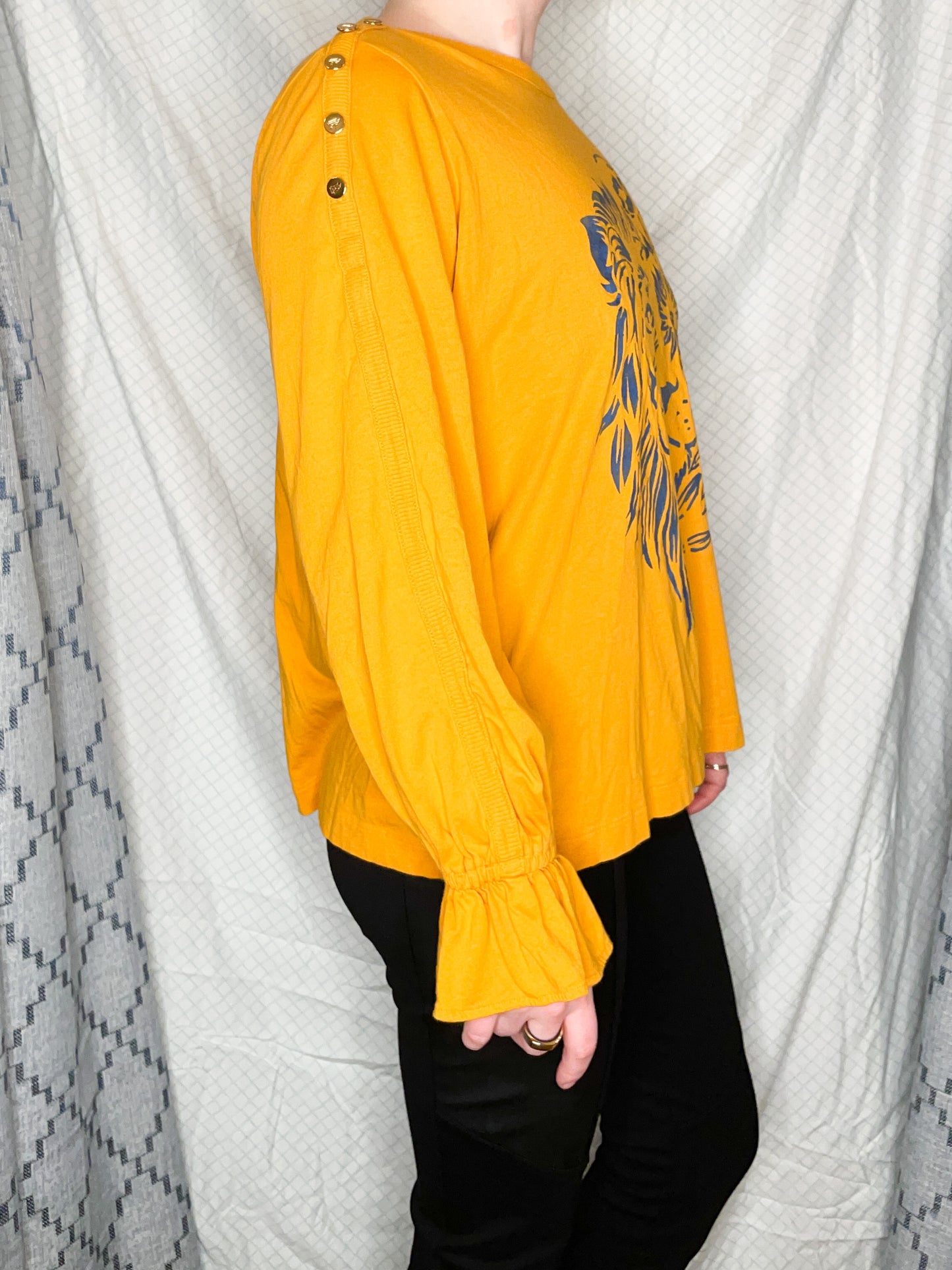 Ralph Lauren Upcycled Mustard Yellow Lion Cotton Modal Ruffle Sleeve Top - XL
