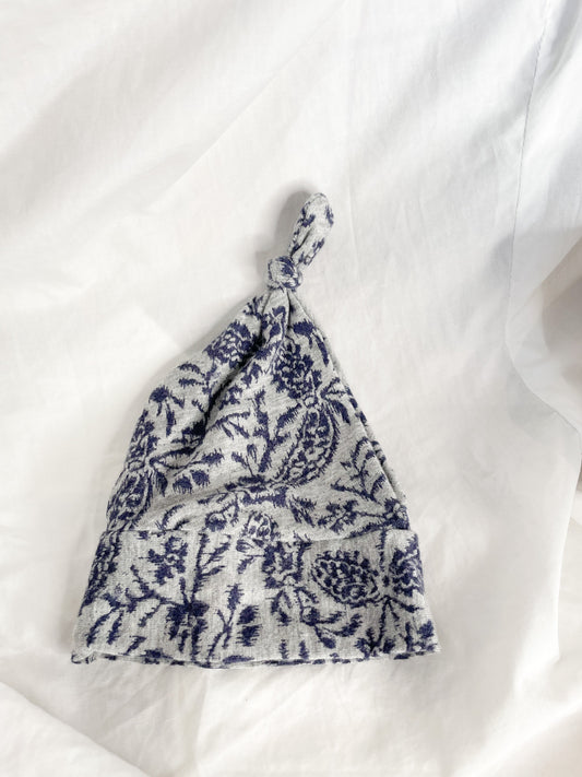 Grey and Navy Watercolour Floral Upcycled Baby Knot Hat