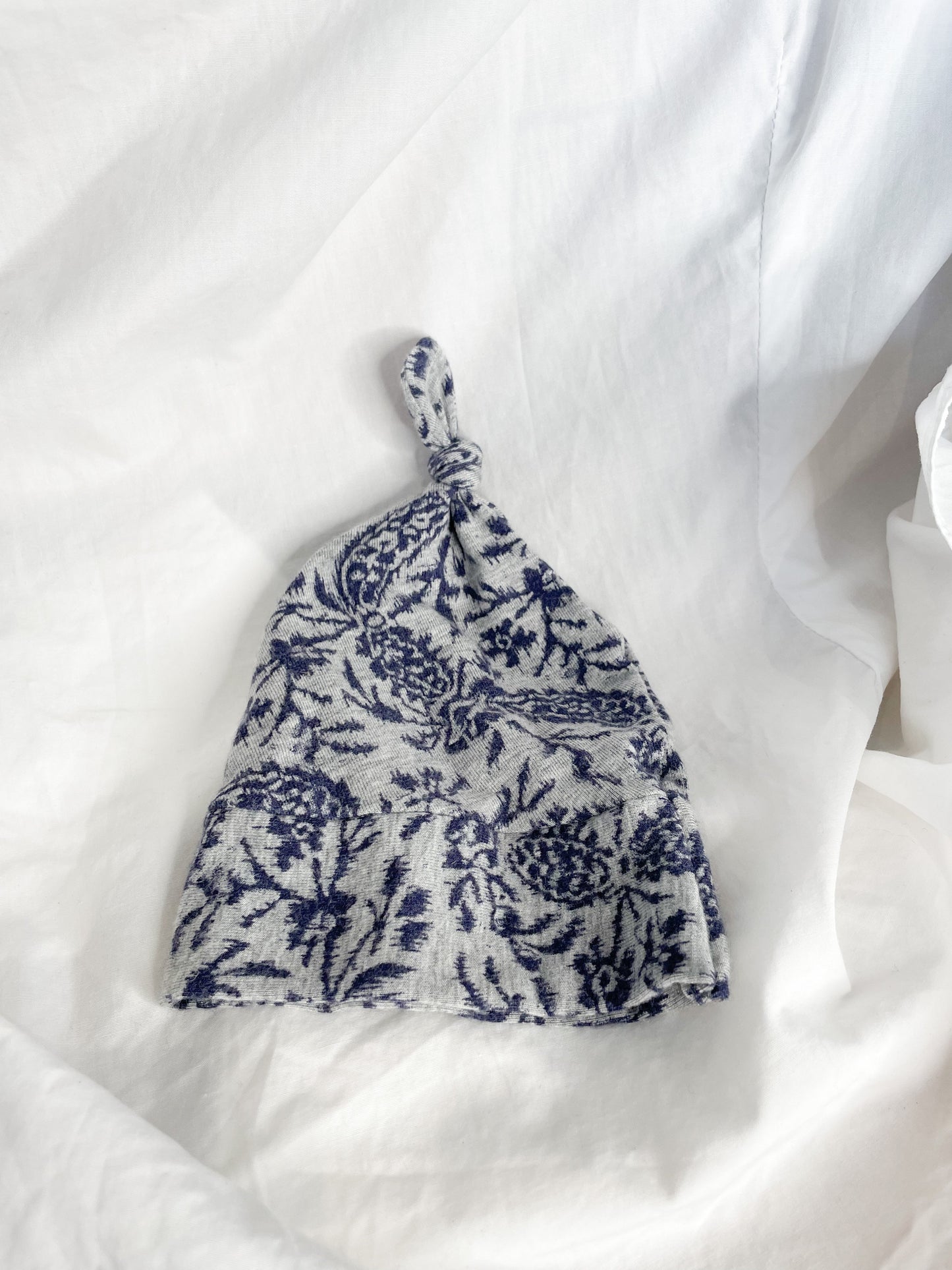 Grey and Navy Watercolour Floral Upcycled Baby Knot Hat