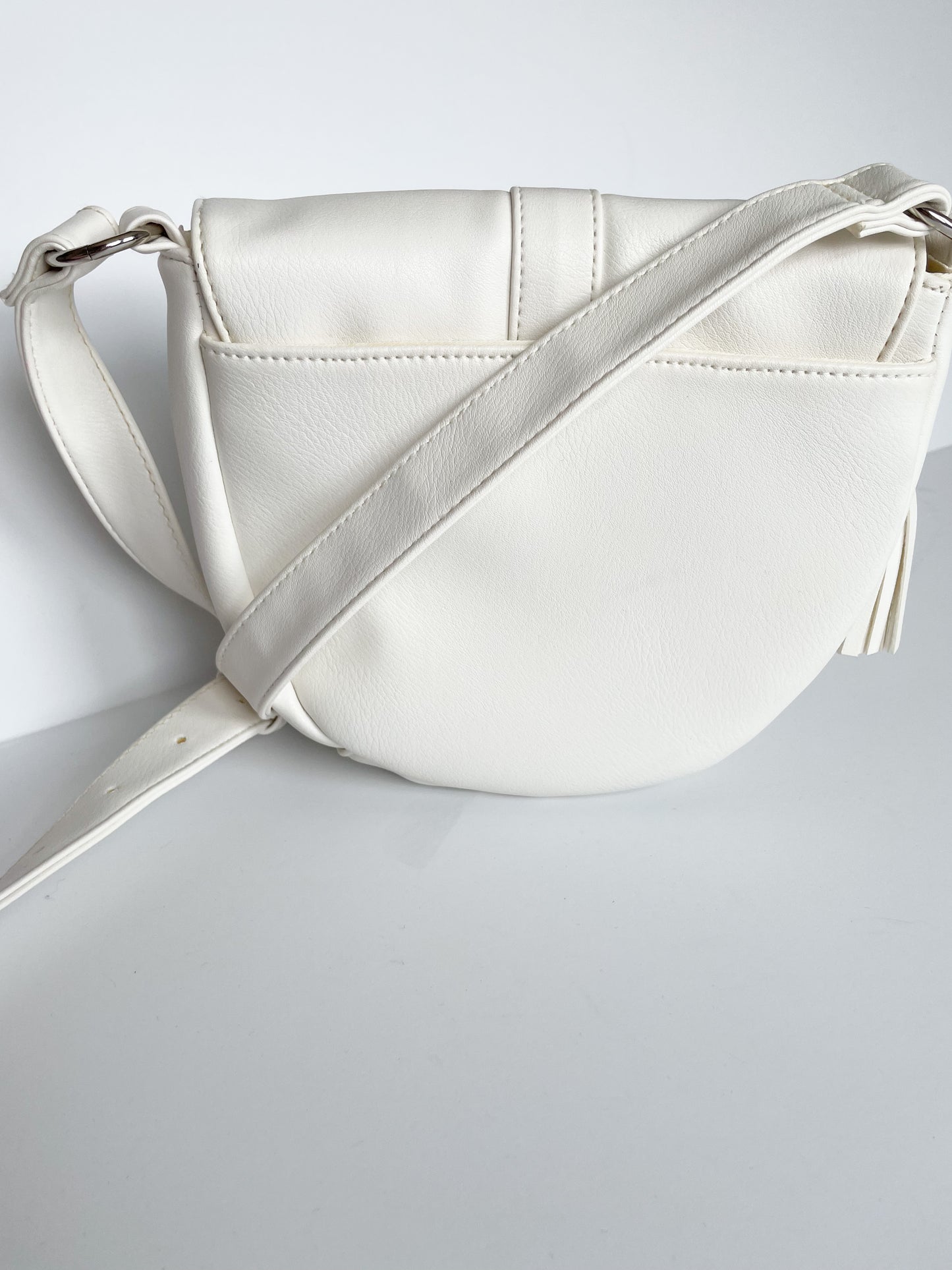 Signature Selections White Crossbody Saddle Bag with Tassels