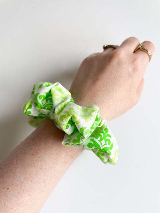 Green and Lime Brocade Upcycled Scrunchies