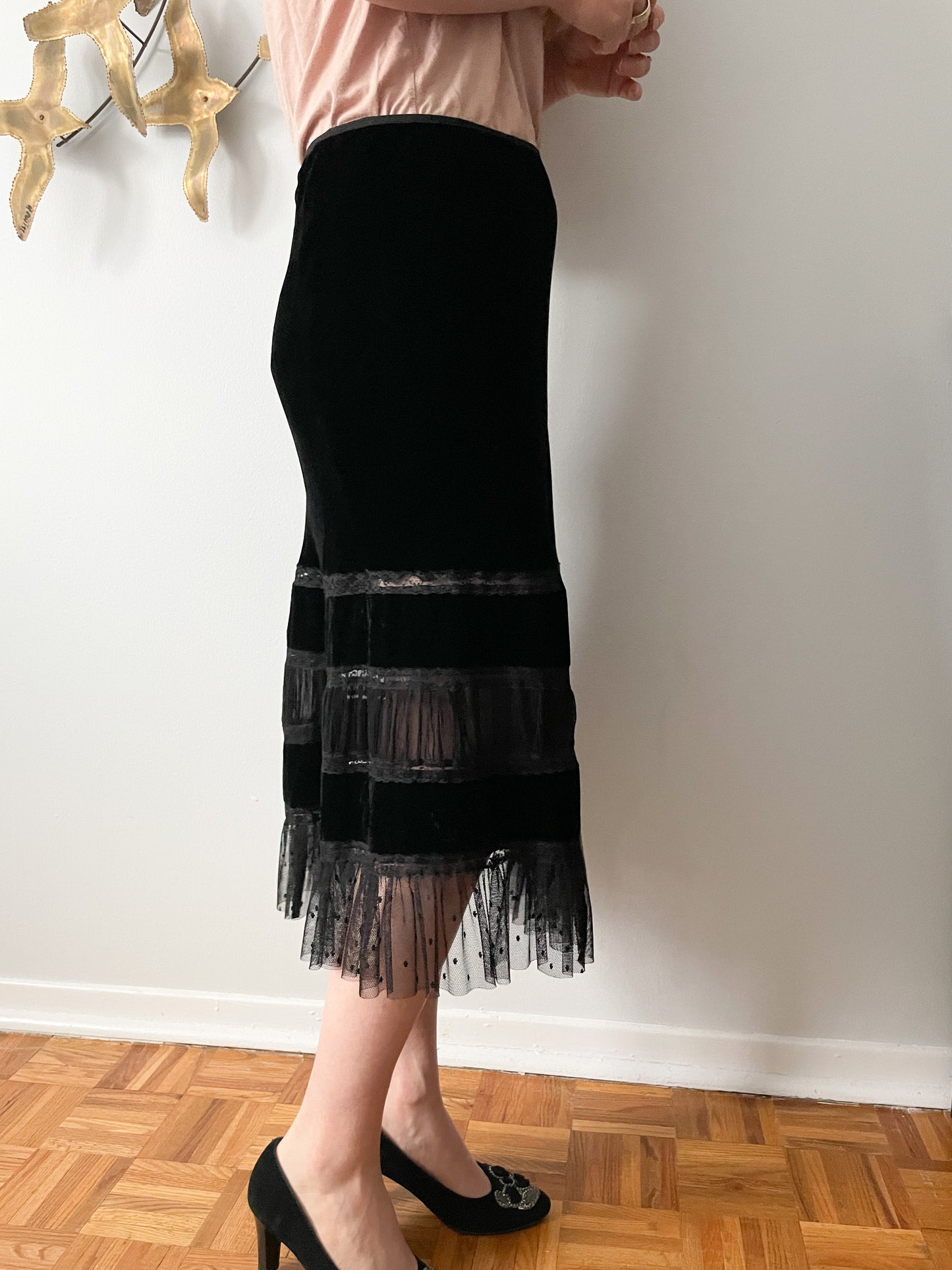 Polo Ralph Lauren Black Velvet & Lace Silk Blend Trim Mid Length Skirt - Medium