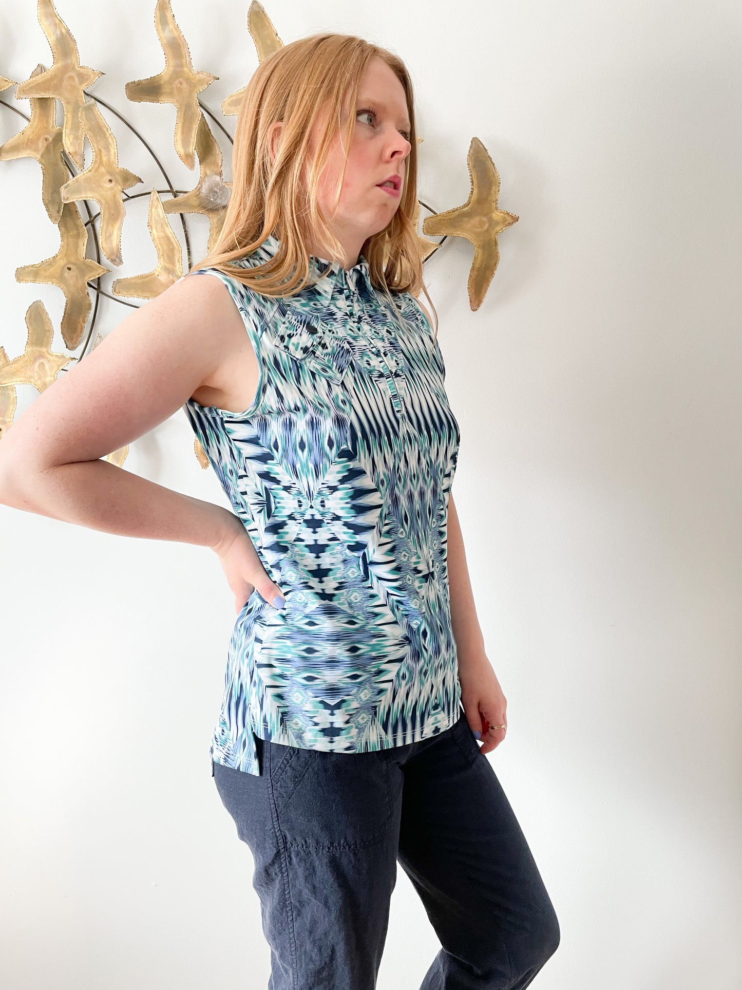 Spanner Ikat Teal Zip Quick Dry Golf Tennis Cycling Workout Sleeveless Top - S/M