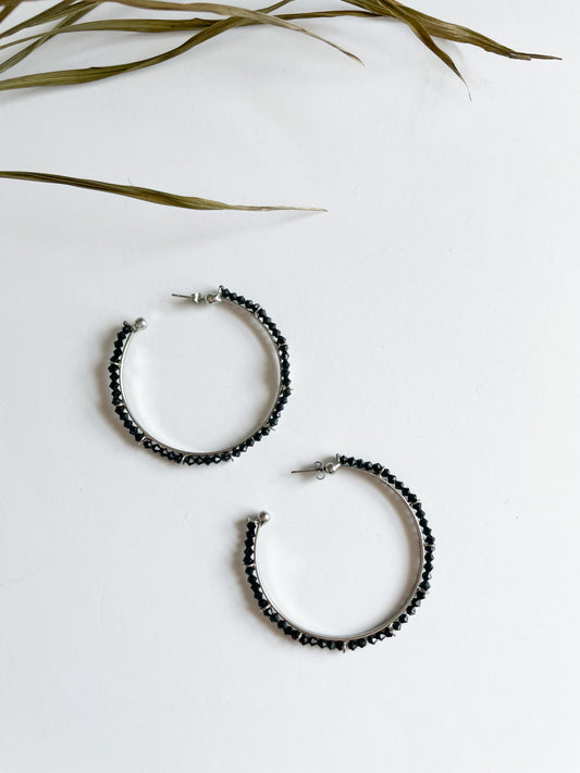 Black Beaded Oversized Hoop Earrings