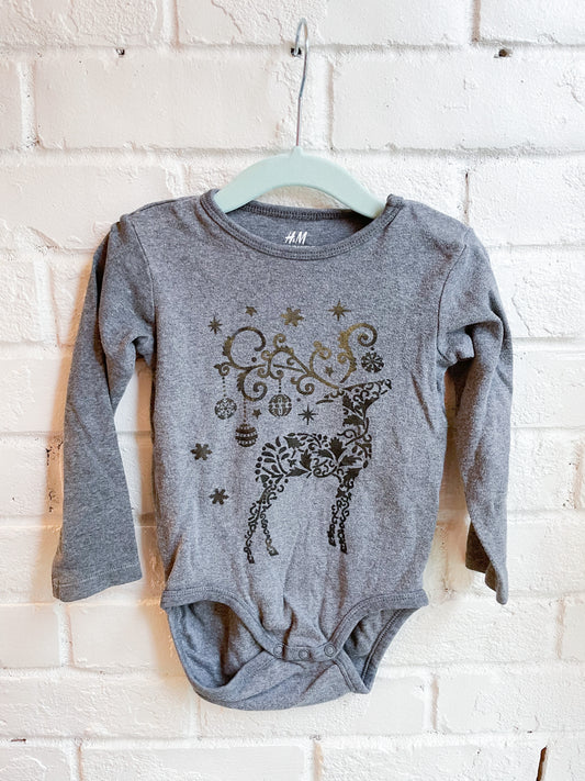 Upcycled Organic Cotton Metallic Reindeer Holiday Long Sleeve Baby Bodysuit - 1.5-2 years