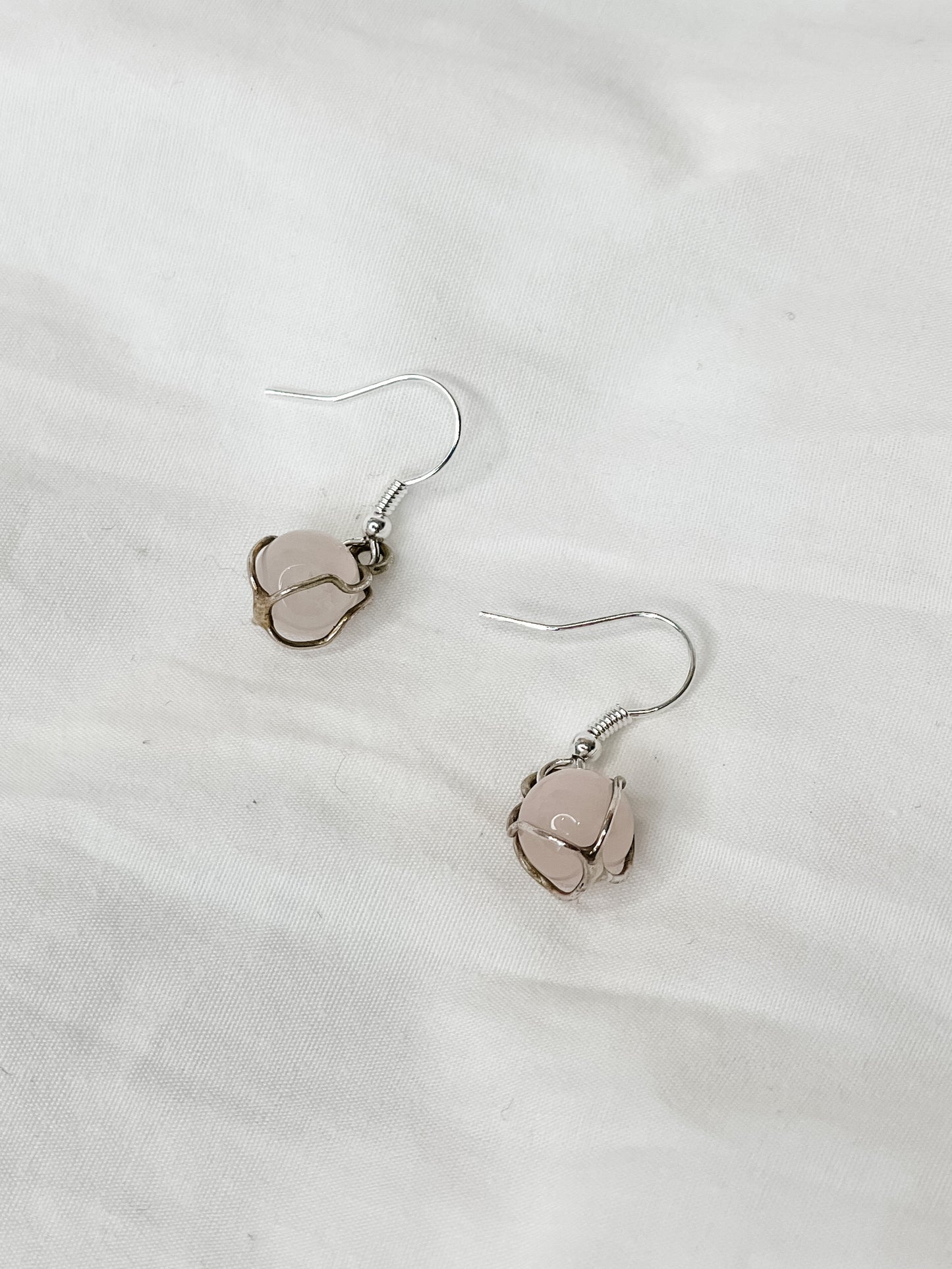 Silver Plated Pink Quartz Orb Wire Wrapped Earrings