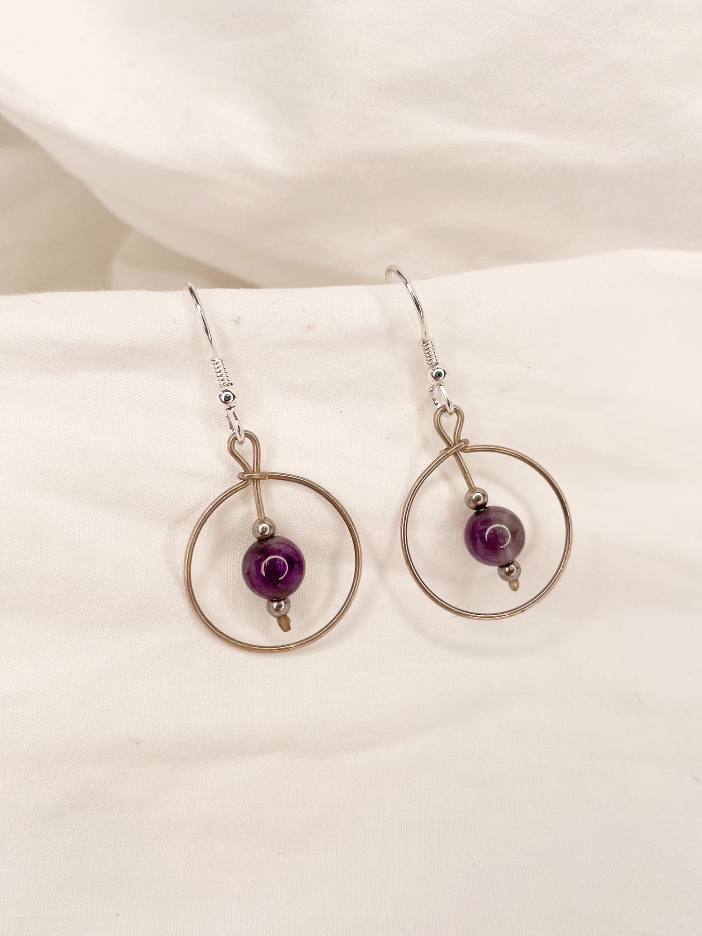 Silver Plated Purple Bead Circle Dangle Earrings