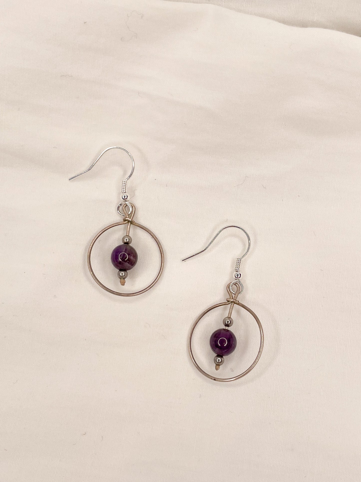 Silver Plated Purple Bead Circle Dangle Earrings