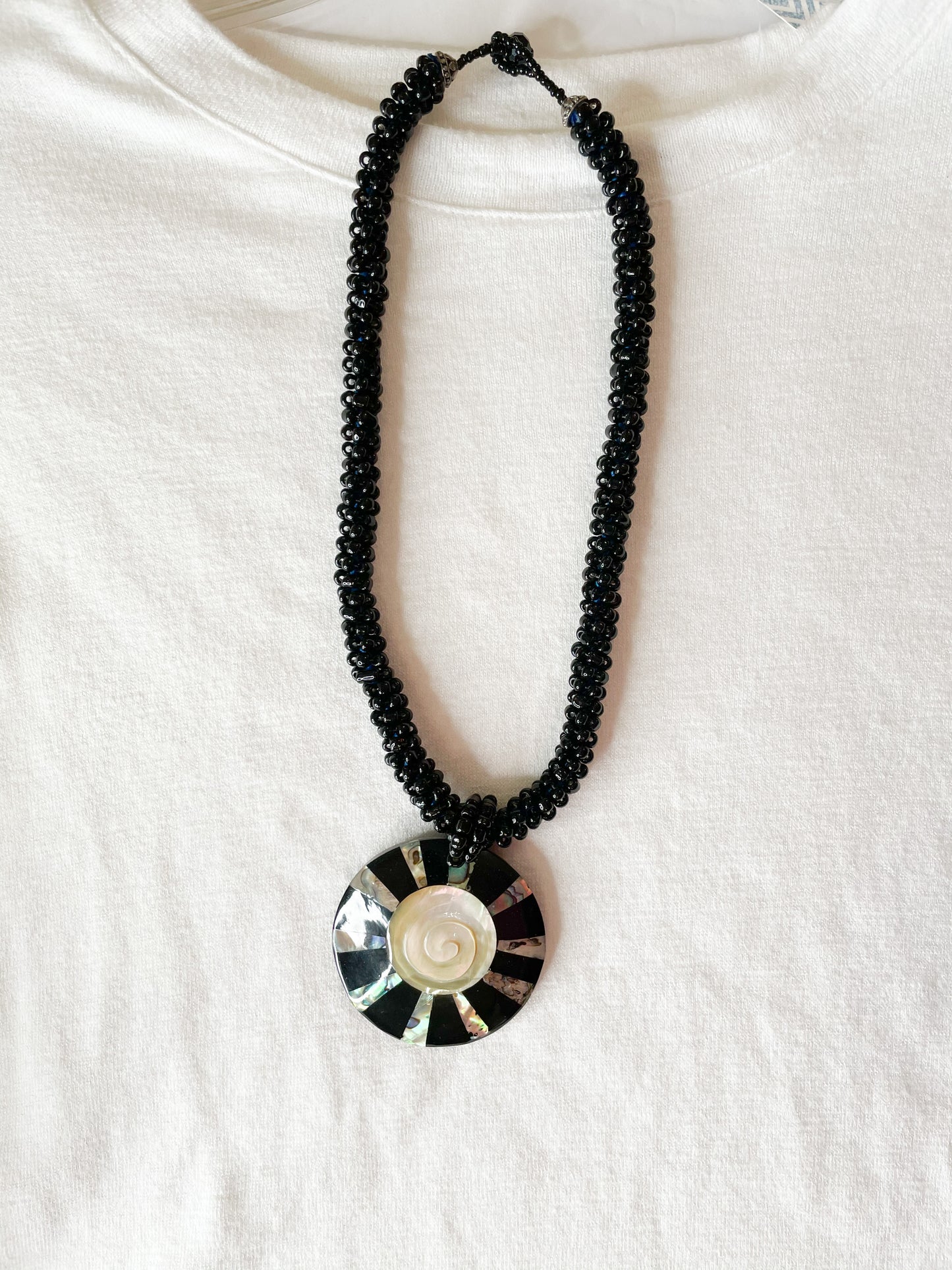 Black Beaded Shell Medallion Necklace
