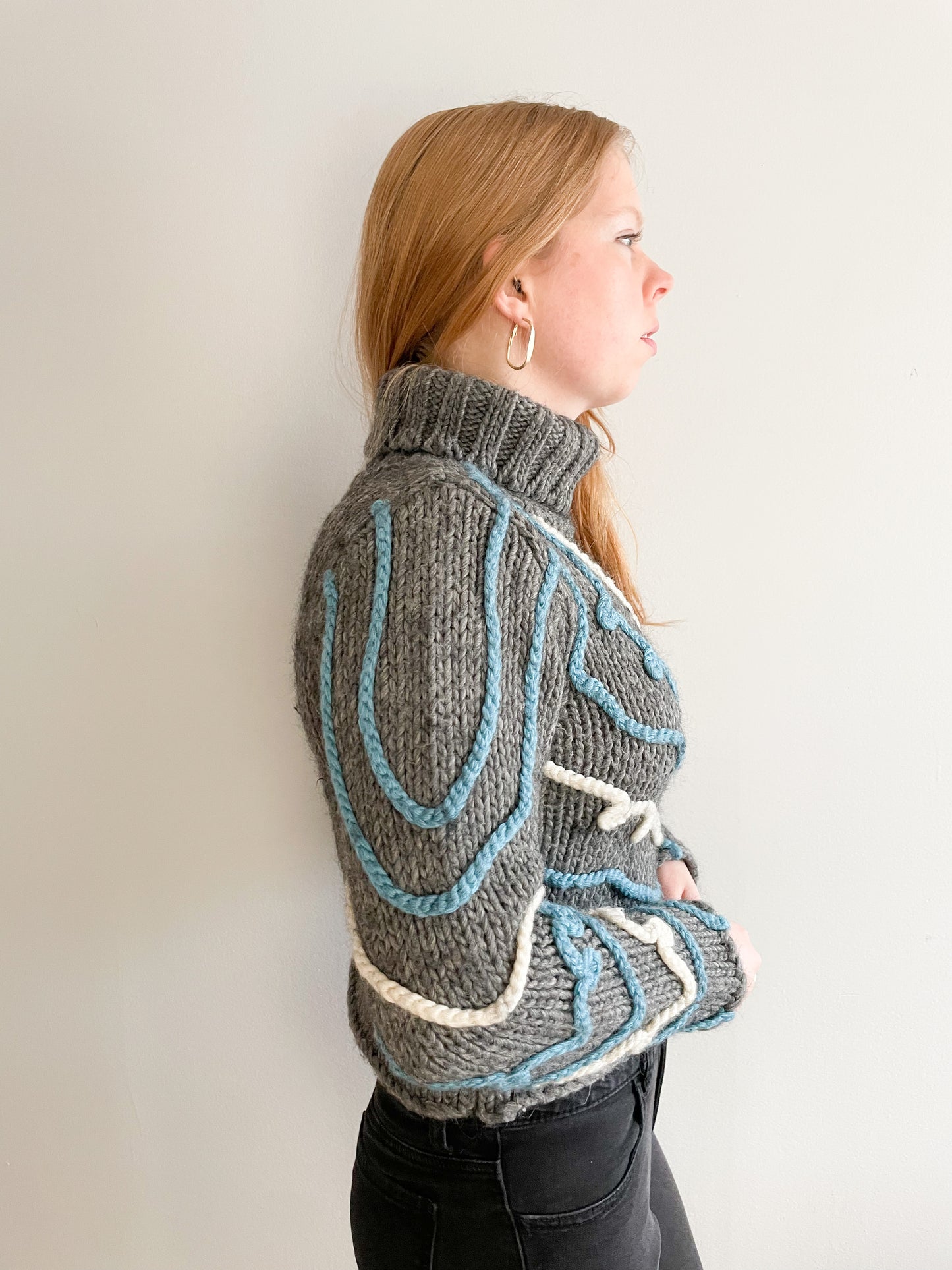 Laetitia Grey Blue White Swirl Cropped Wool Turtleneck Sweater - S/M