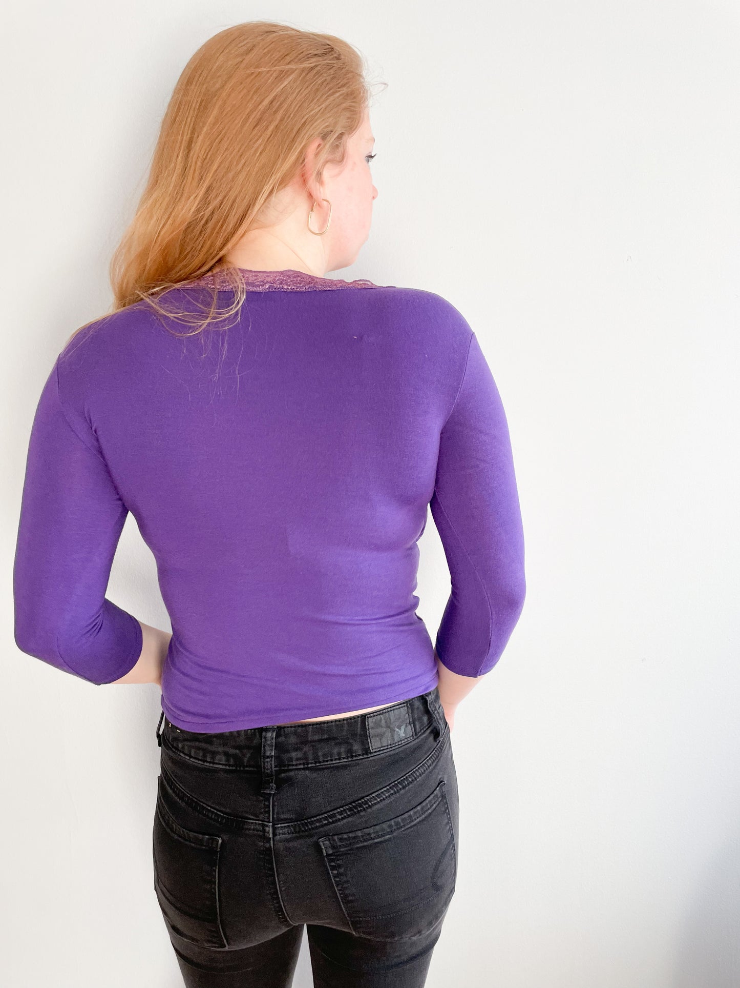 Purple Lace Wrap Style Cropped 3/4 Sleeve Top - S/M