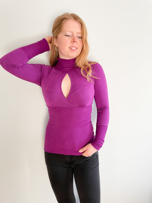 Marciano Purple Fitted Neckline Cutout Turtleneck Top - XS