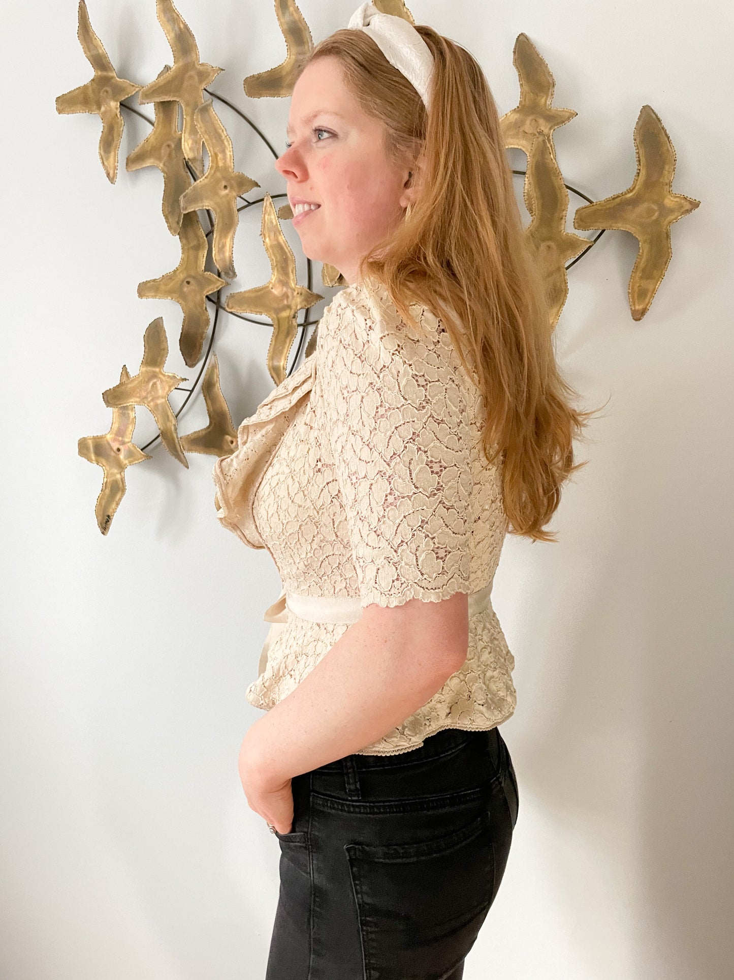 BEBE Cream Ruffle Lace Tie Waist Peplum Cardigan Jacket - Small