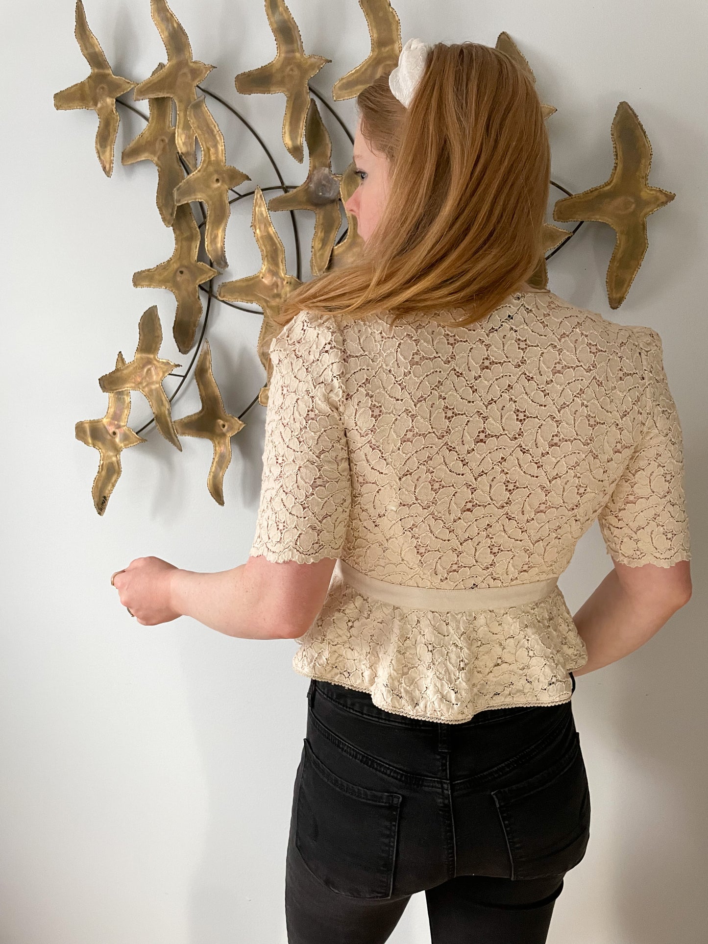 BEBE Cream Ruffle Lace Tie Waist Peplum Cardigan Jacket - Small