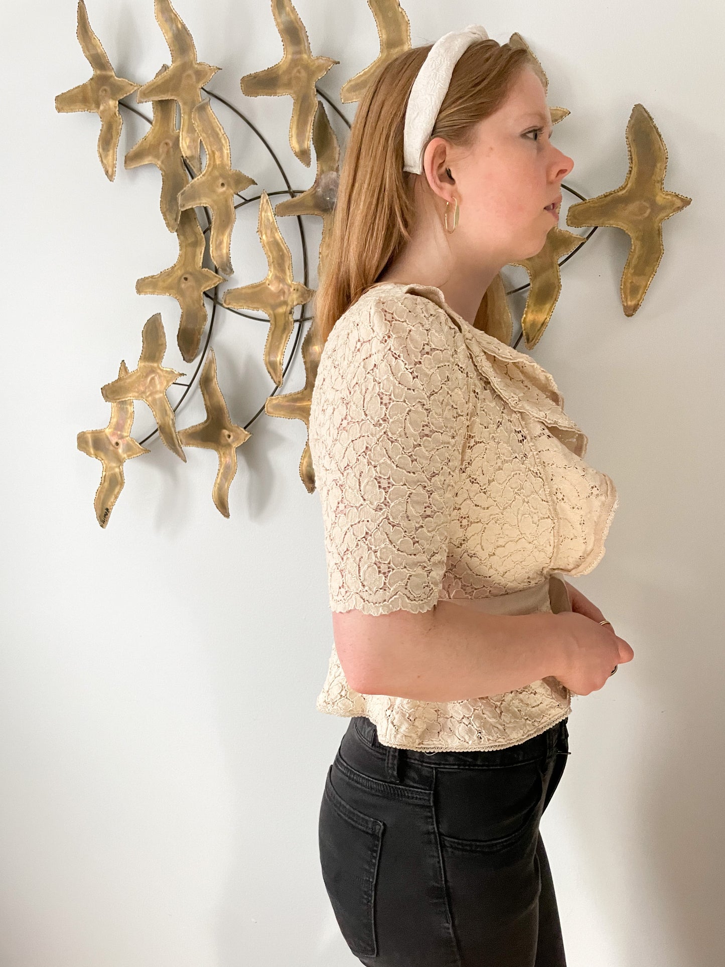 BEBE Cream Ruffle Lace Tie Waist Peplum Cardigan Jacket - Small