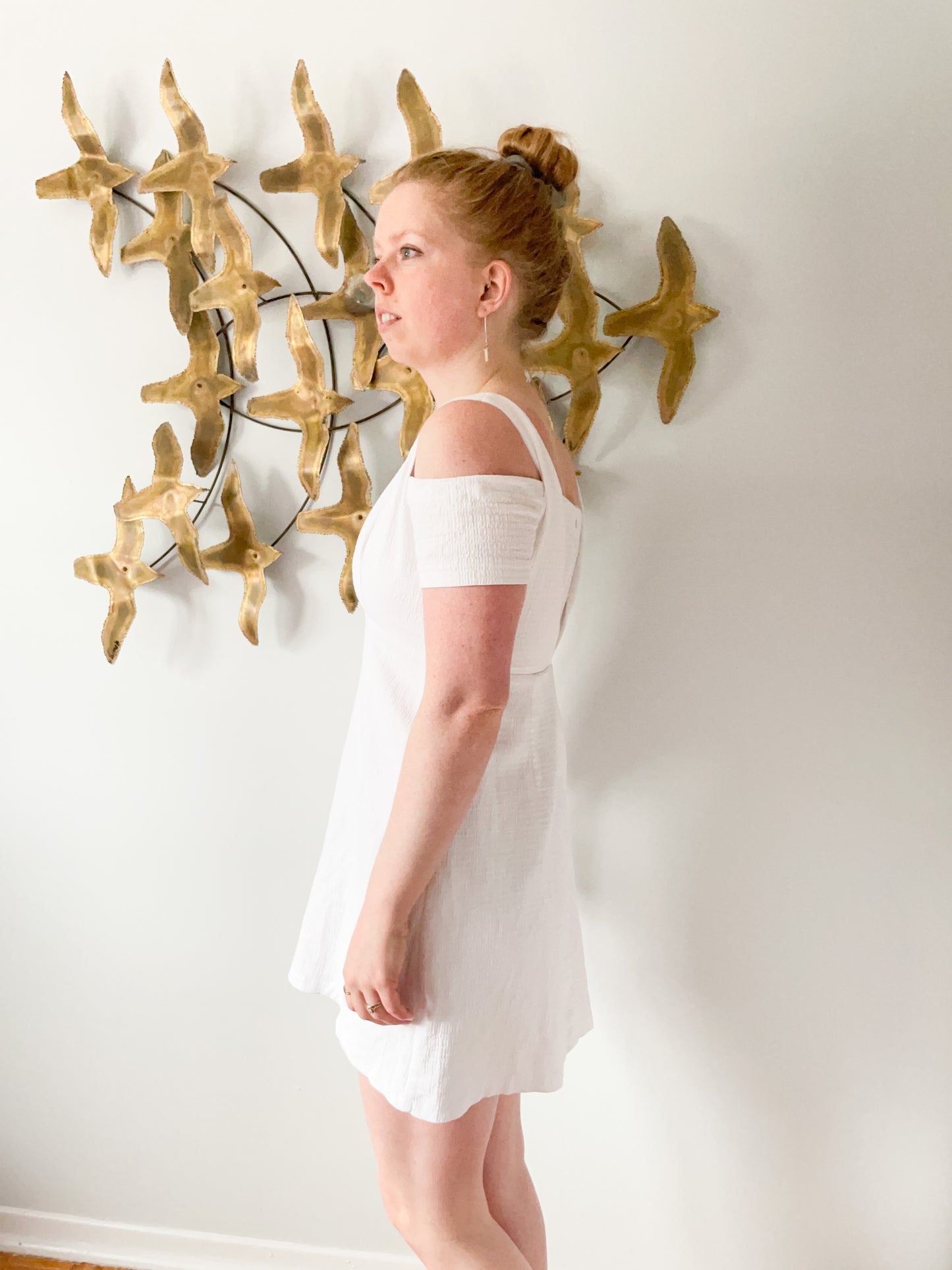 Zara White Textured Shoulder Cutout Cotton Dress - Small