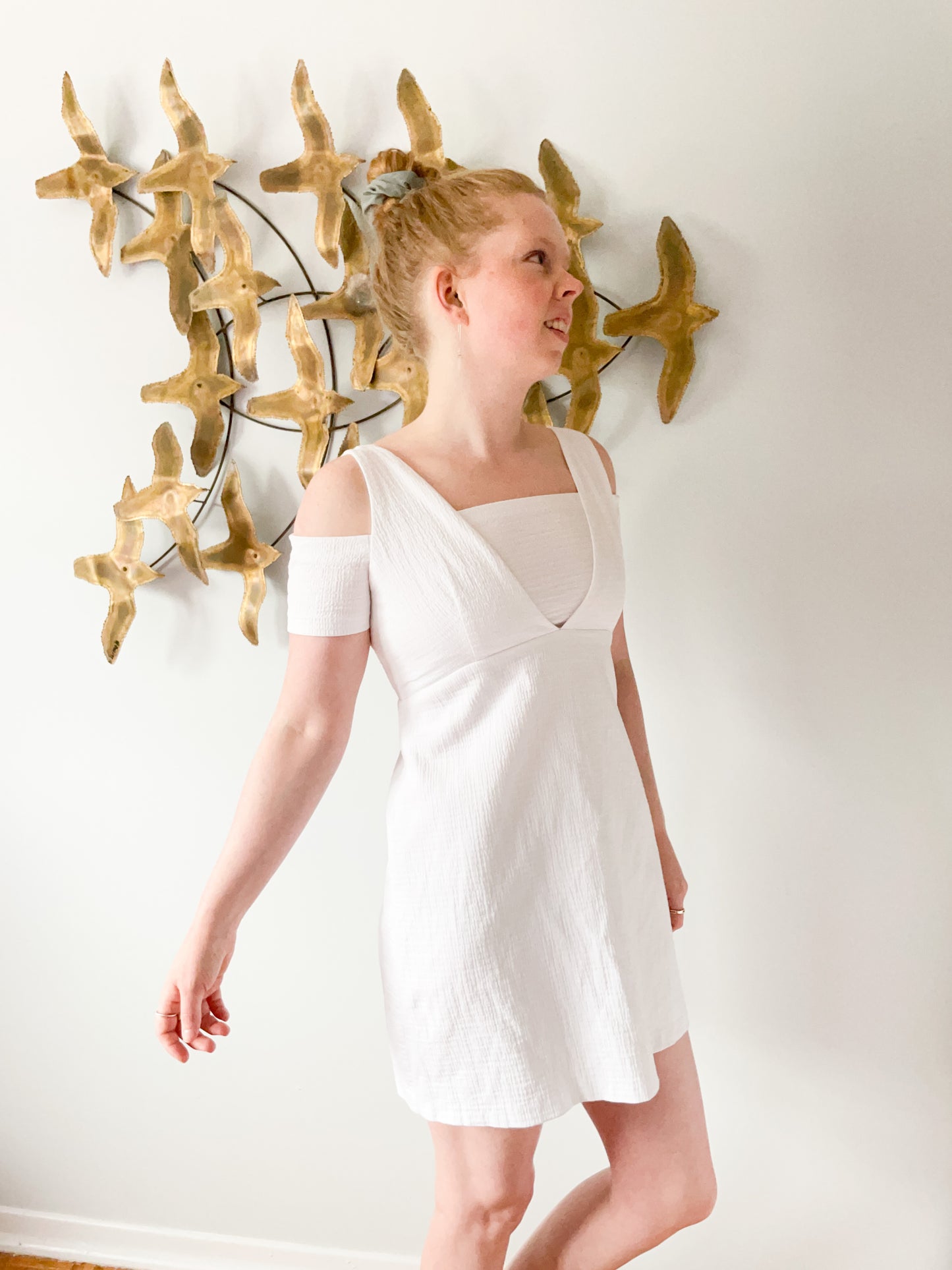 Zara White Textured Shoulder Cutout Cotton Dress - Small