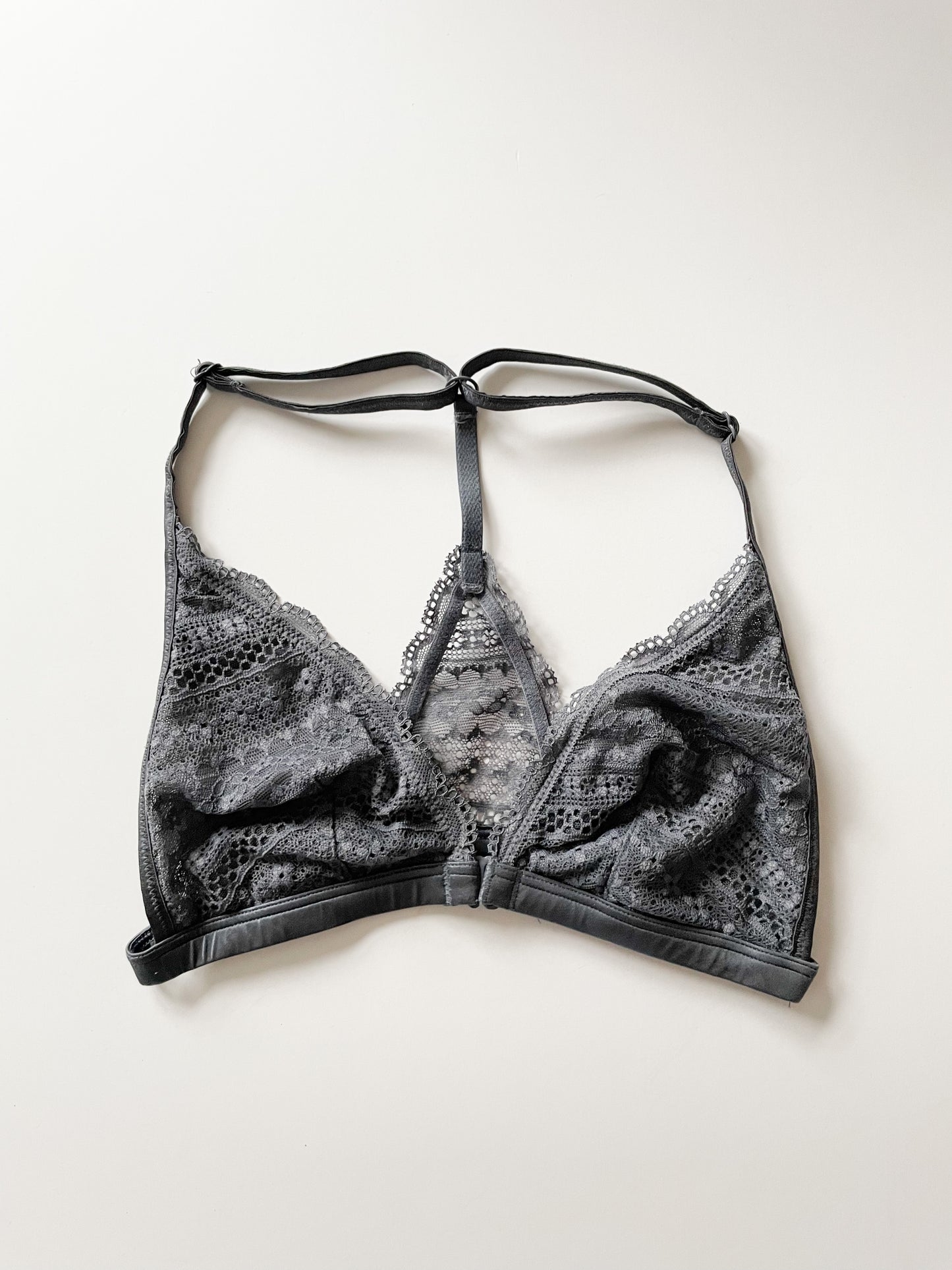 Grey Lace Racer Back Front Closure Unlined Bralette - XS