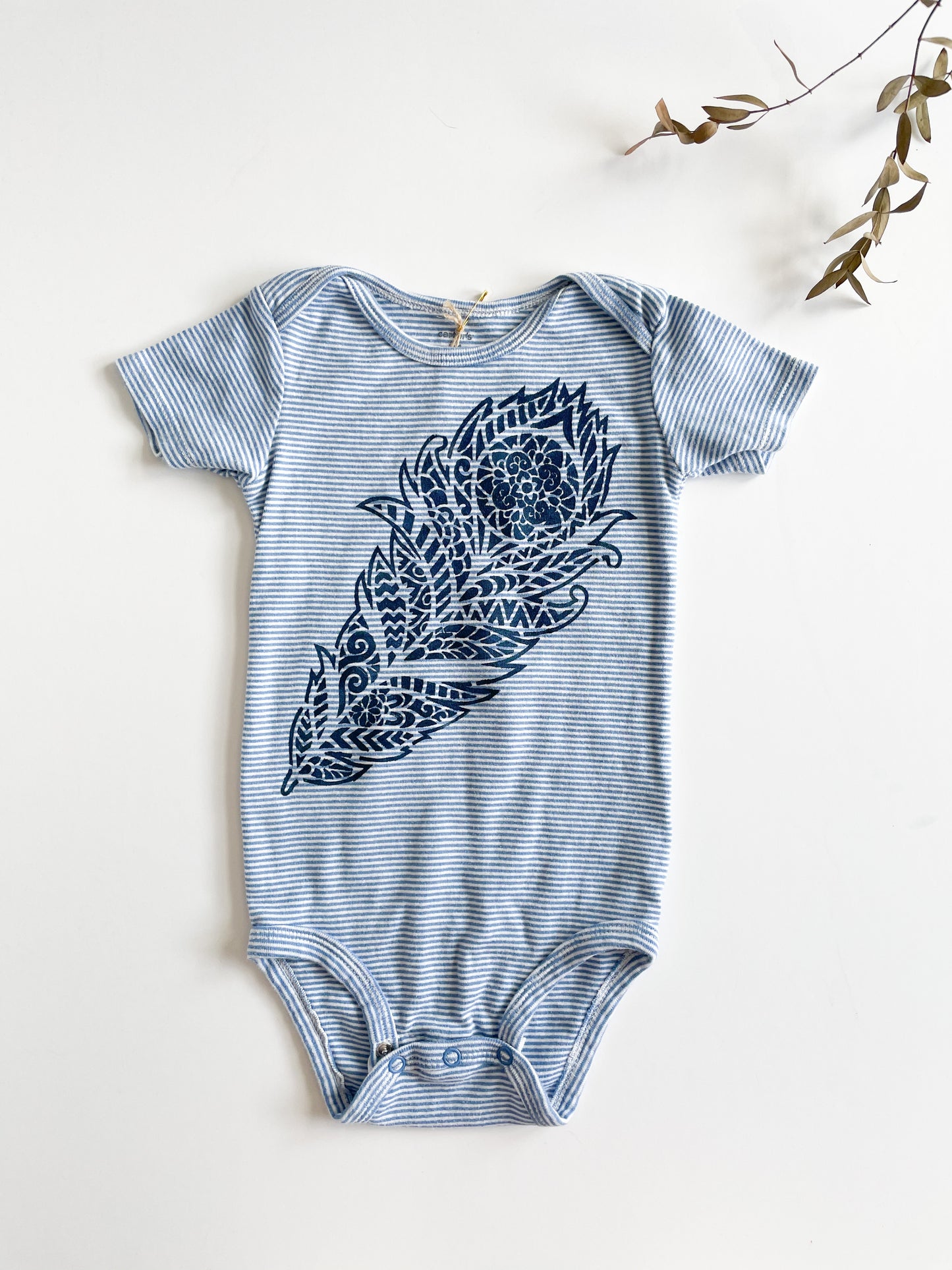 Blue and White Striped Feather Upcycled Bodysuit by Eco Pretty - 24 Months