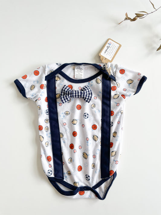 White Sports Suspender and Bowtie Upcycled Bodysuit by Eco Pretty - 6 - 9 Months