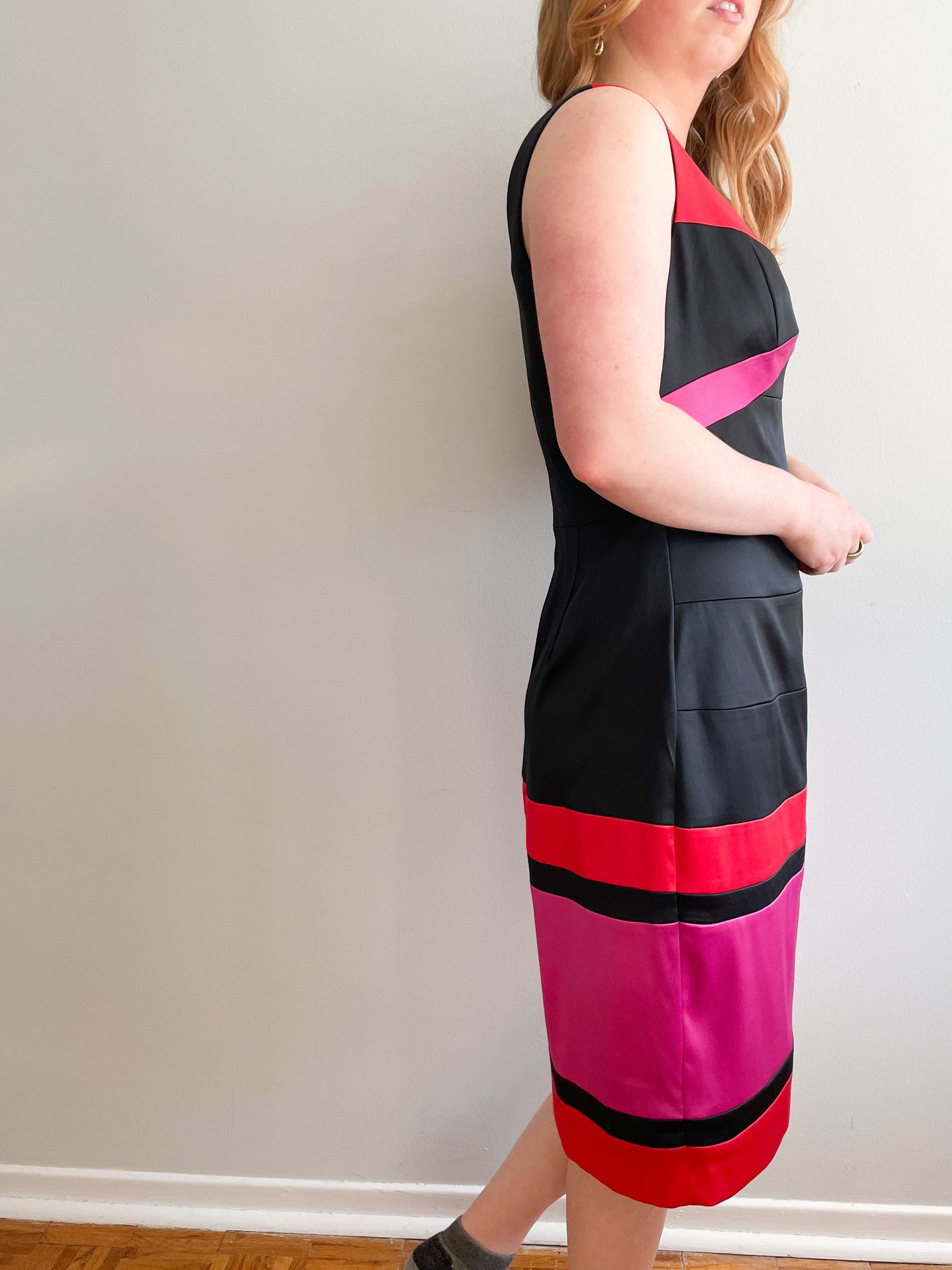 Laura Black Pink Colour Block Satin Sleeveless Sheath Dress - Size 12