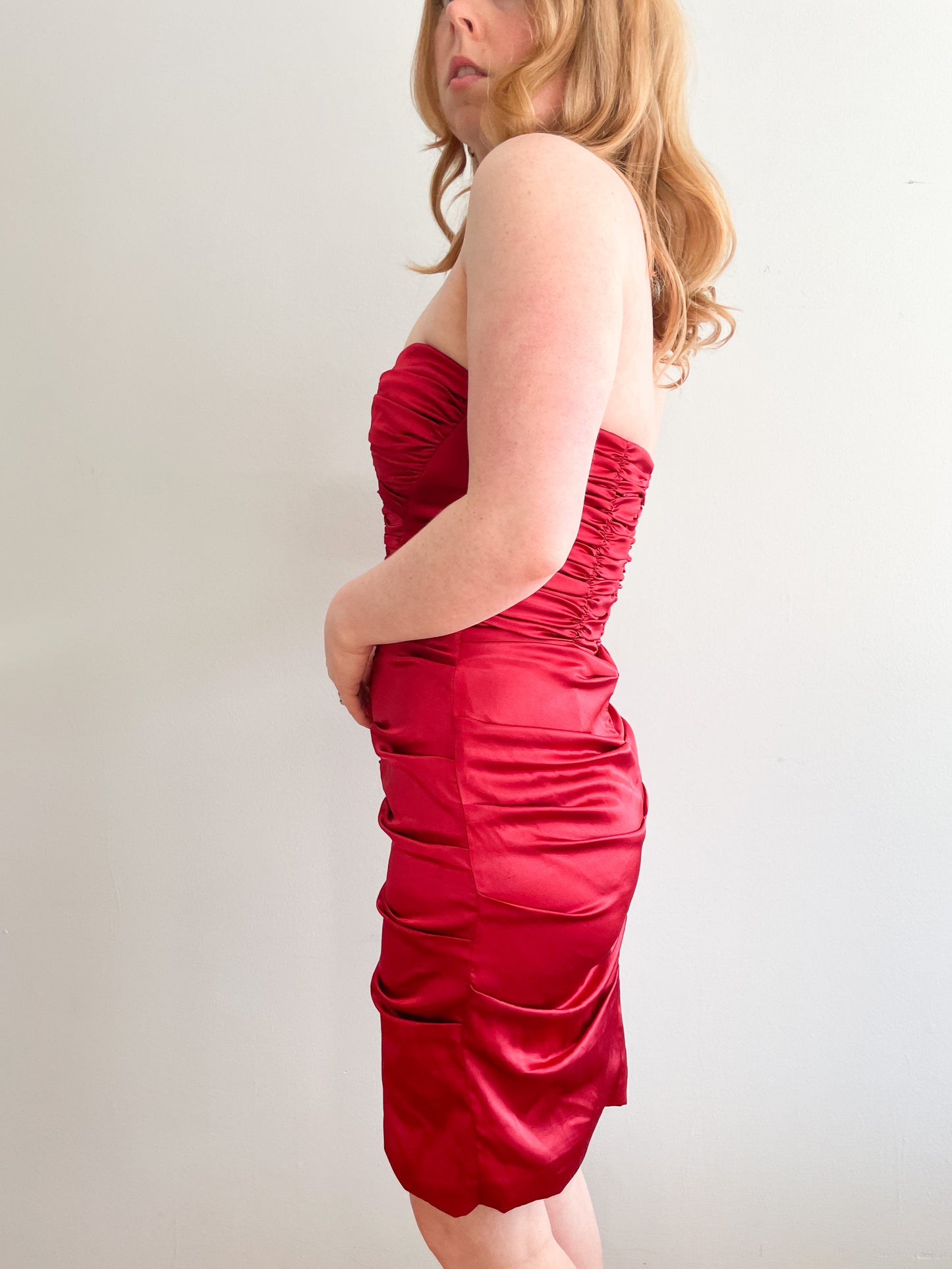 Le Chateau Red Satin Strapless Sweetheart Rouched Dress - Small