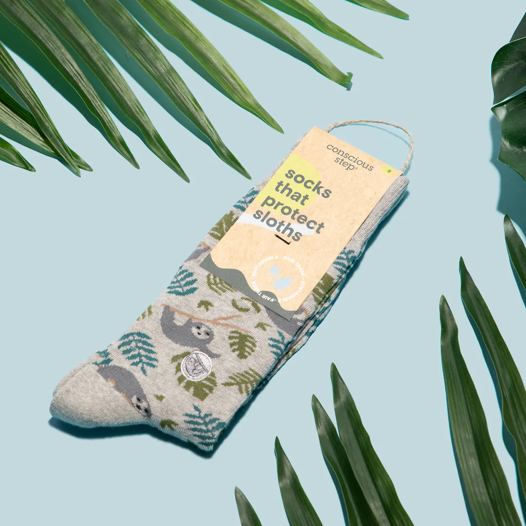 Socks that Protect Sloths - Beige with Palms and Sloths