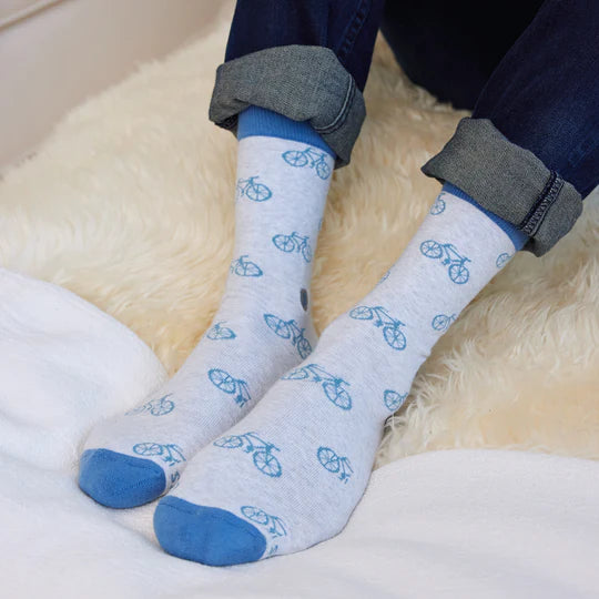 Conscious Step Organic Fair Trade Socks That Give Books - Blue With Bikes