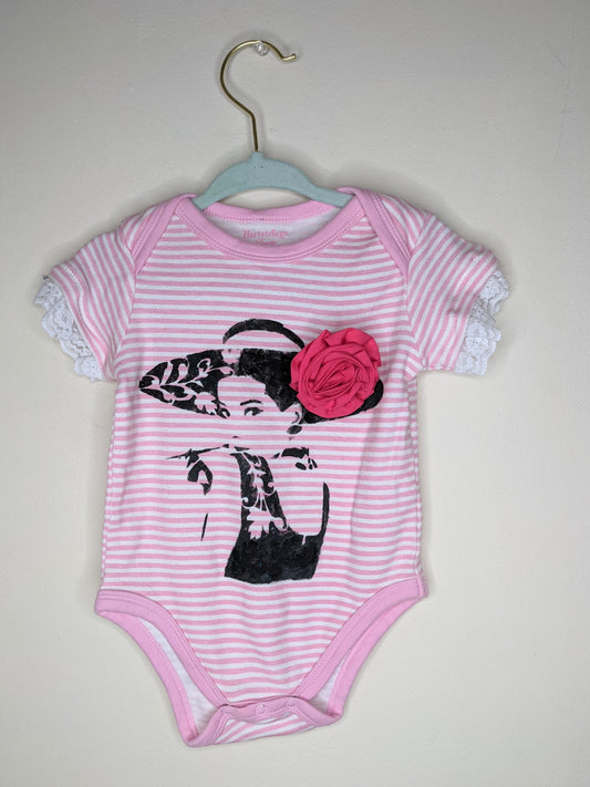 Pink Audrey Hepburn Flower and Lace Baby Bodysuit - 6-9 months