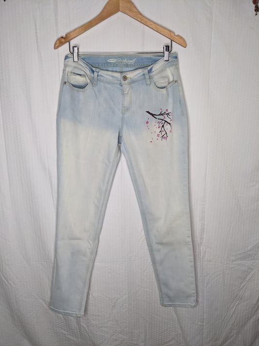 Eco Pretty Upcycled Light Wash Straight Cut Painted Cherry Blossom Boyfriend Jeans  - Size 4